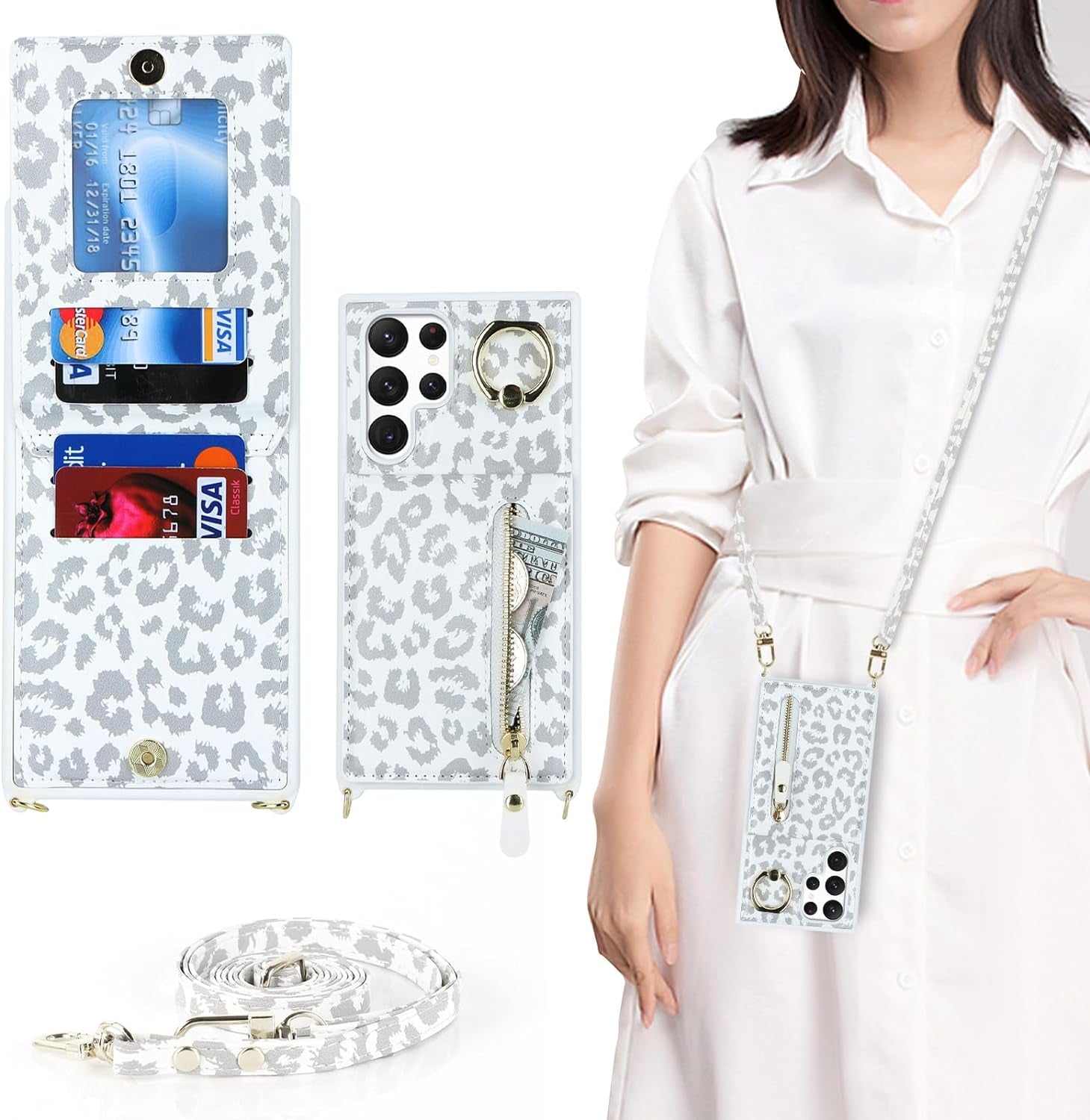 DEYHU Samsung Galaxy Note 20 Ultra Case with Card Holder for Women,Galaxy Note 20 Ultra Phone Case Wallet with Strap Credit Card Slots Crossbody with Kickstand Zipper Case - Rose Gold  DEYHU White Leopard Samsung Galaxy Note 20 Ultra 