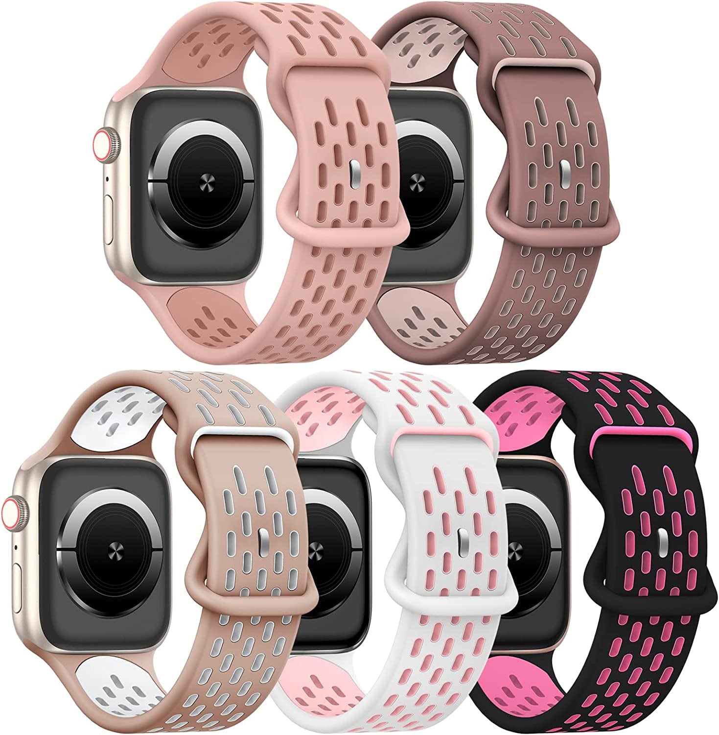 TSAAGAN 5 Pack Sport Silicone Bands Compatible for Apple Watch Band 49Mm 41Mm 45Mm 40Mm 44Mm 38Mm 42Mm, Breathable Strap Replacement Wristband for Iwatch Ultra Series 8/7/SE/6/5/4/3/2/1 Women & Men  TSAAGAN Pinkoxford Rose/Smokeviolet Pink/Milktea White/White Pink/Black Hotpink 38/40/41mm 