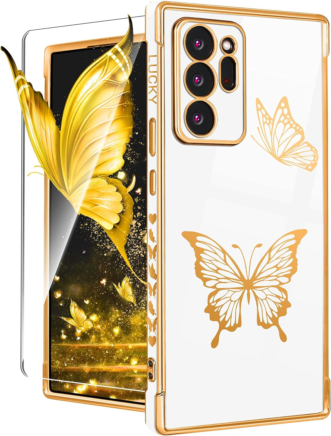 Coralogo for Samsung Galaxy Note 20 Ultra Case Butterfly for Women Girls Girly Pretty Phone Cases Cute Mint Green Gold Plating Butterflies Design with Screen Aesthetic Cover for Note 20 Ultra 5G 6.9"  Coralogo 1-White  