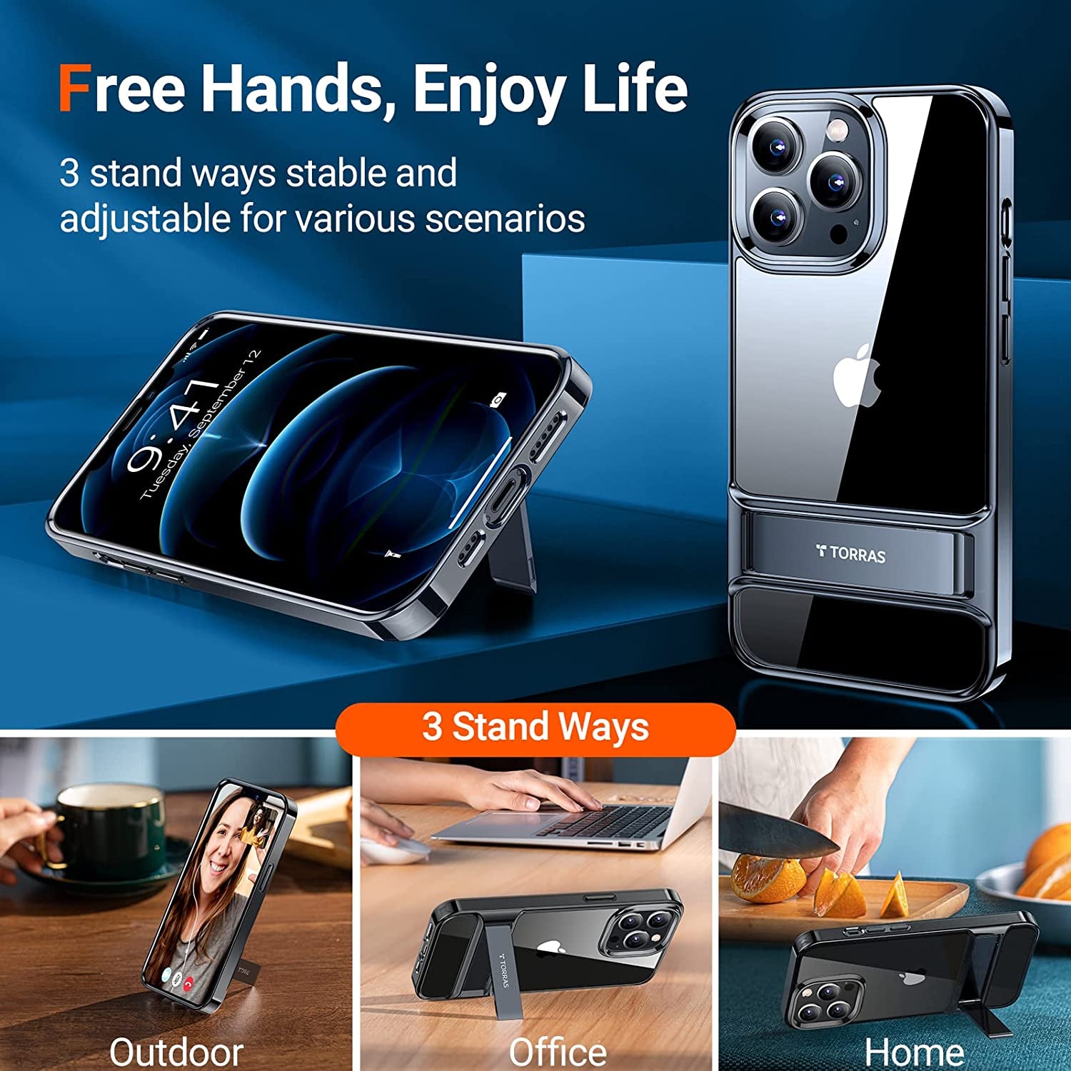 TORRAS Moonclimber for Iphone 13 Pro Max Case, [3 Stand Ways][Non-Yellowing & Military Grade Shockproof] Protective Slim Hard Clear Phone Case with Stand 6.7'' 2021, Black  TORRAS   