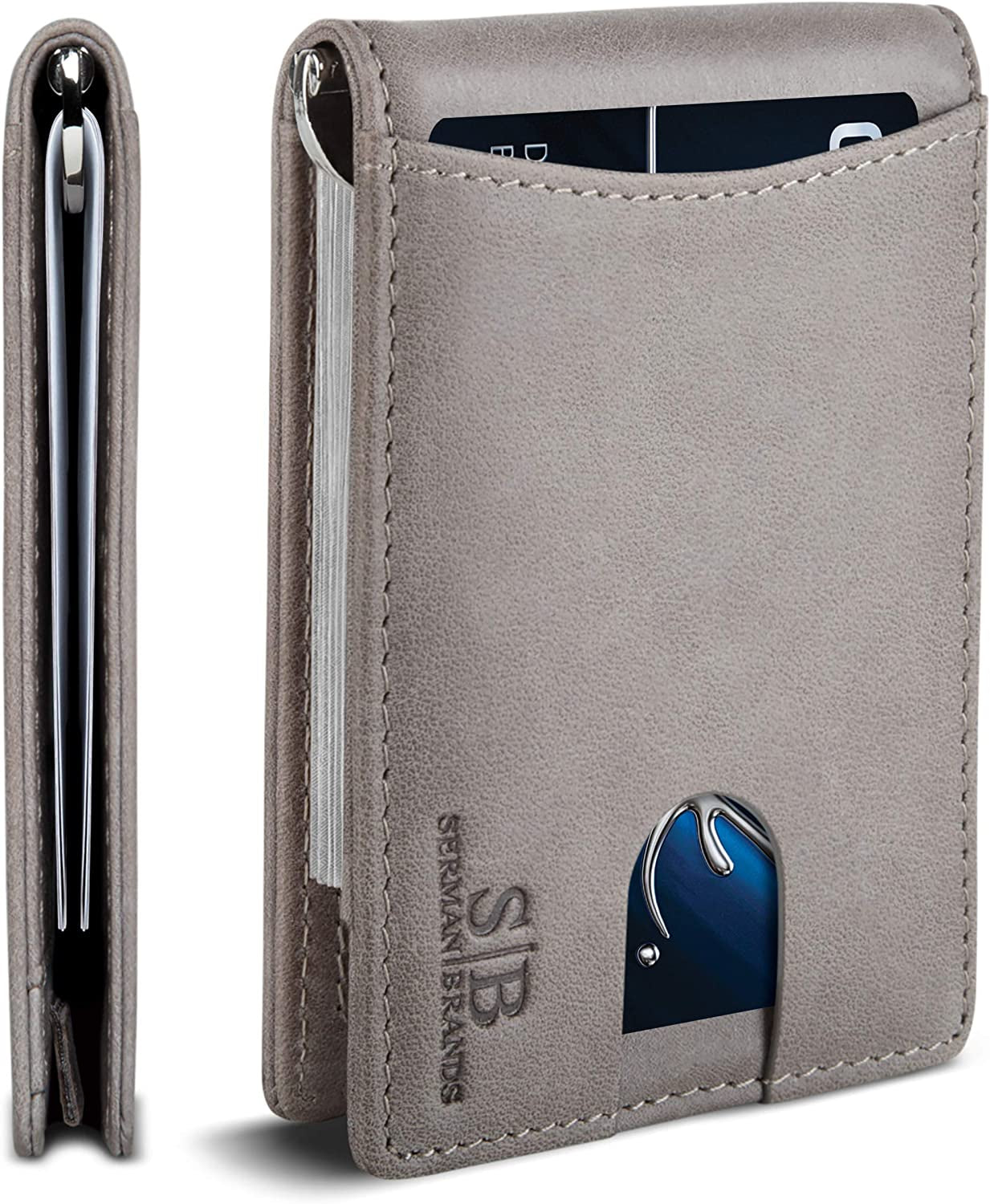 SERMAN BRANDS RFID Blocking Slim Bifold Genuine Leather Minimalist Front Pocket Wallets for Men with Money Clip Thin Gift  SERMAN BRANDS Slate Gray 1.S  