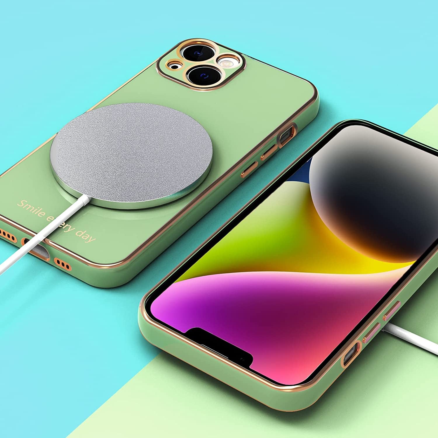 Tksafy for Iphone 14 Case, Cute Love Heart Pattern for Women Girls with Camera Protection, Anti-Scratch Plating Soft TPU Shockproof Bumper Phone Cover for Apple Iphone 14 6.1-Inch 2022, Light Green  Tksafy   