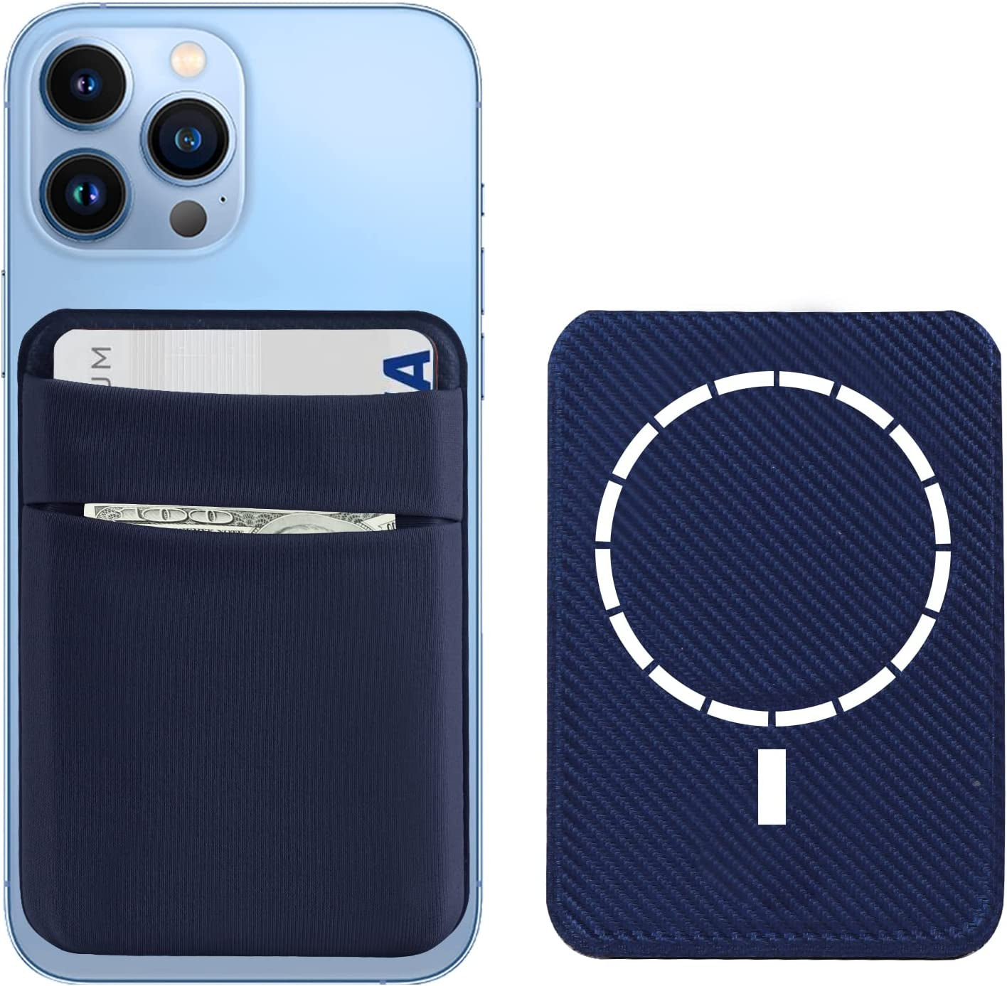 Yesdoes Magnetic Phone Card Holder,Compatible with Magsafe,Stretchy Lycra Double Pocket Wallet,Credit ID Card Cash Pouch,Mag Safe Phone Sleeve Case,Design for Iphone 14,13,12,Plus,Pro,Pro Max Black  YesDoes Blue  