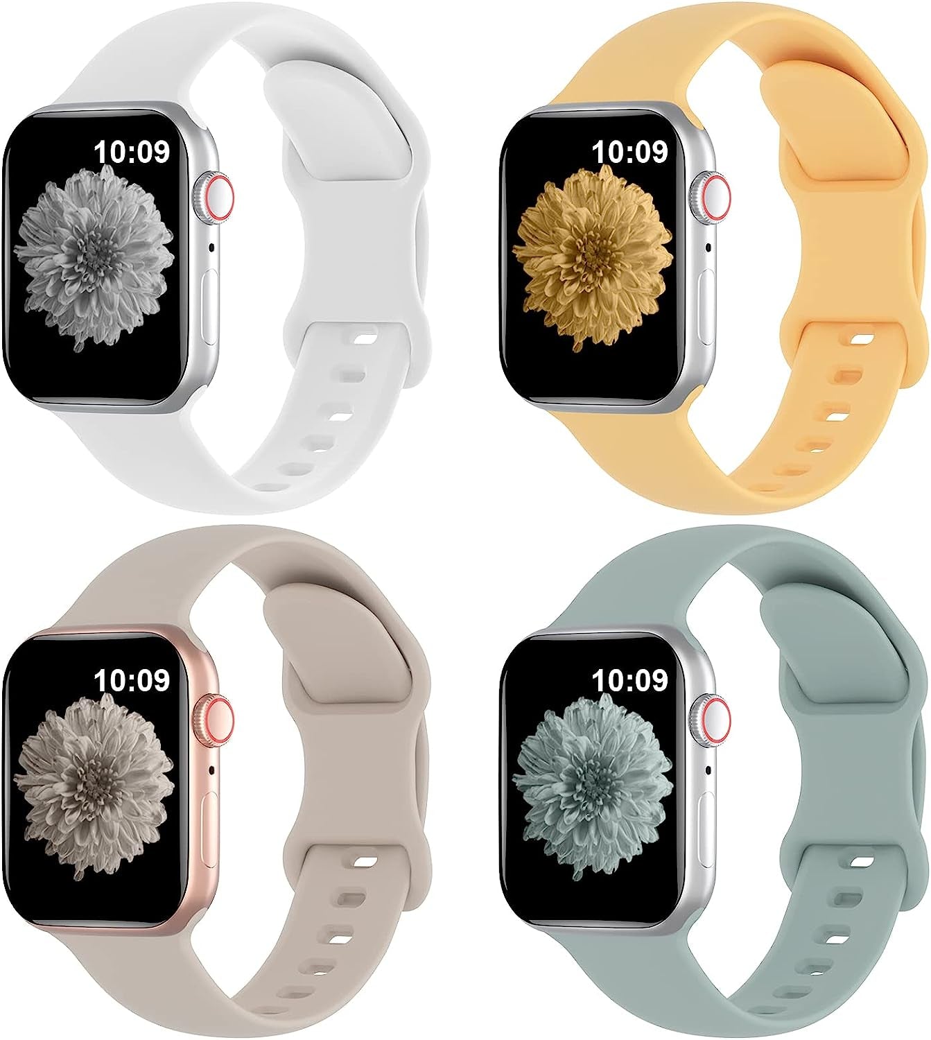 Arctime 4 Pack Silicone Bands Compatible with Apple Watch Band 38Mm 40Mm 41Mm 42Mm 44Mm 45Mm 49Mm, Soft Sport Breathable Strap Replacement Wristbands for Iwatch Ultra Series 8 SE 7 6 5 4 3 2 1  Arctime White/Sunglow/Stone/Succulent 42/44/45/49mm 