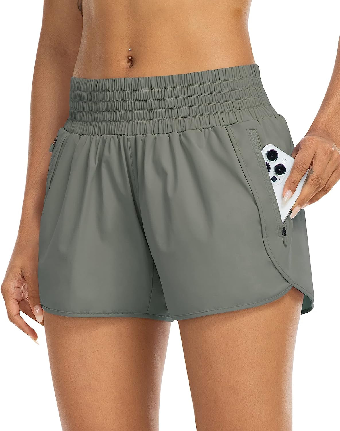 YEZII Athletic Shorts for Women with Pockets High Waist Running Workout Shorts Gym Yoga White Summer Shorts  YEZII Army Green Small 