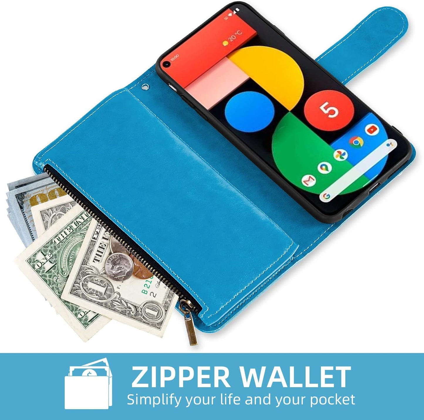 Asuwish Phone Case for Google Pixel 4A 5G 6.2 Wallet Cover with Tempered Glass Screen Protector and Flower Flip Credit Card Holder Stand Cell Pixel4A5G UW Pixel4A 5G Pixle A4 G5 4A5G Women Men Blue  Asuwish   