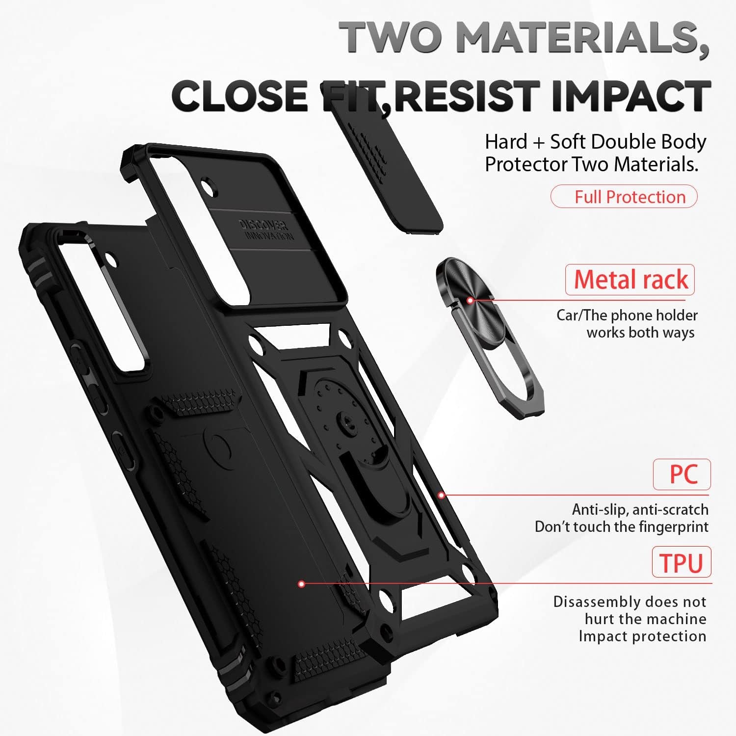 For Samsung Galaxy S22 Case with Camera Lens Cover HD Screen Protector, Dual Layer Military-Grade Drop Tested Magnetic Ring Holder Kickstand Protective Phone Case for Samsung Galaxy S22 5G (Black)  JINZHI Inc   