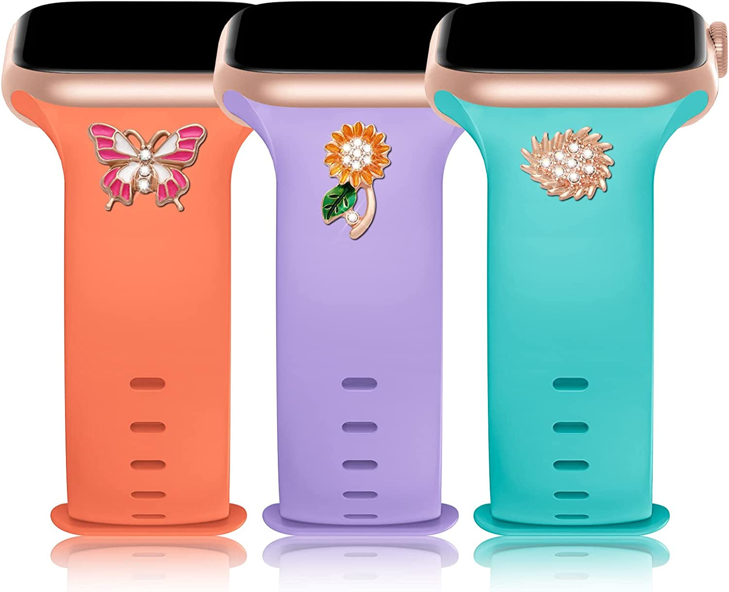 3 Pack Sport Band with DIY Charms Compatible with Apple Watch Bands 41Mm 40Mm 38Mm, Designer Soft Silicone Wristbands Replacement Strap for Iwatch Series SE 8 7 6 5 4 3 2 1 Utral for Women Men  Plesechde Apricot Red/Teal/Lilac 42mm/44mm/45mm/49mm 