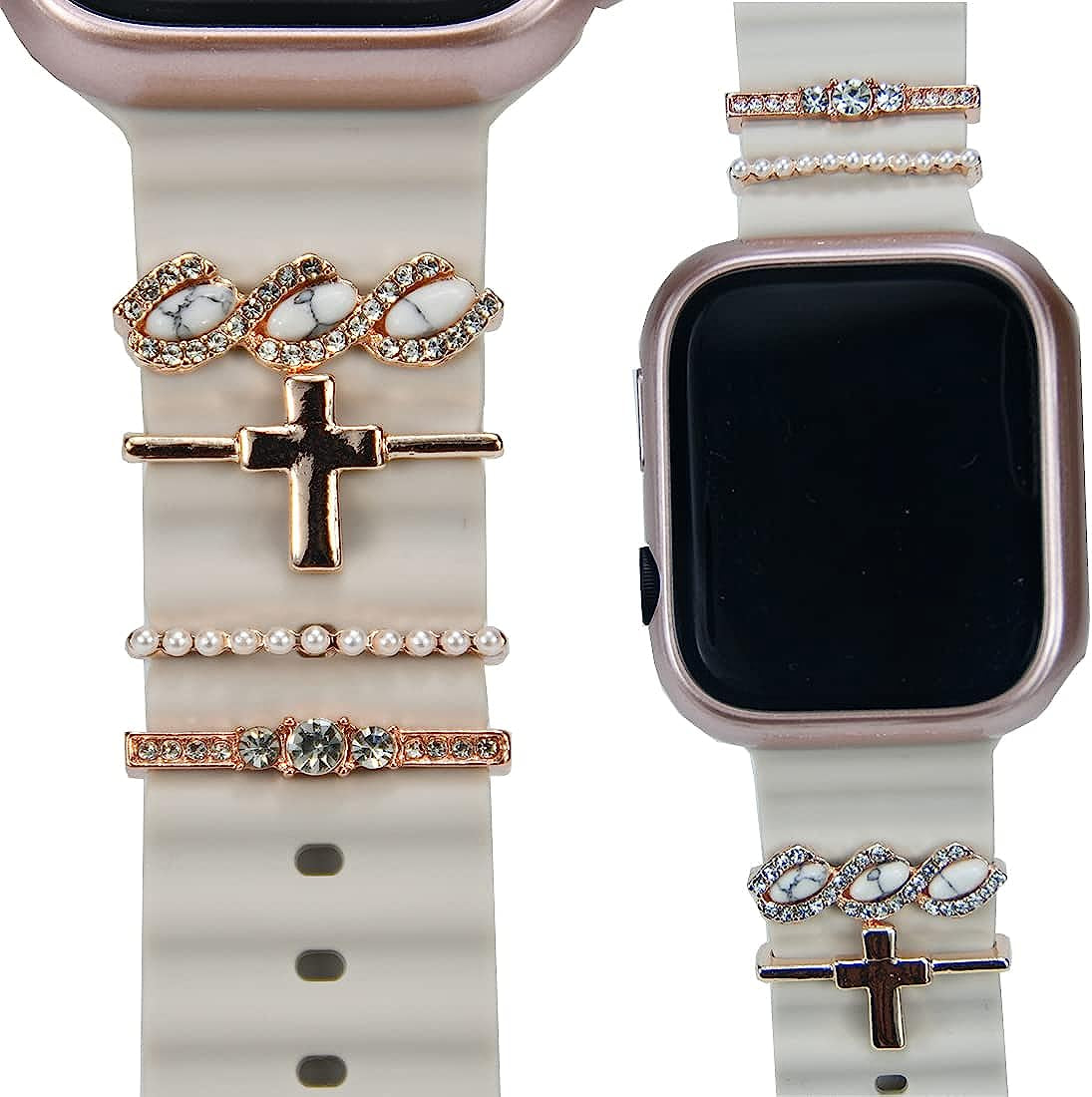 Watch Band Charms - Decorative Rings Loops Compatible with Apple Watch Silicone Leather Bands Charms 49Mm 45Mm 44Mm 42Mm 41Mm 40Mm 38Mm,Metal Diamond Charms Slide Strap Accessories Charms for Iwatch Series 9 8 7 6 5 4 3 2 1 Samsung Galaxy , Fitbit  SUNOREEK rose gold white turquoise  