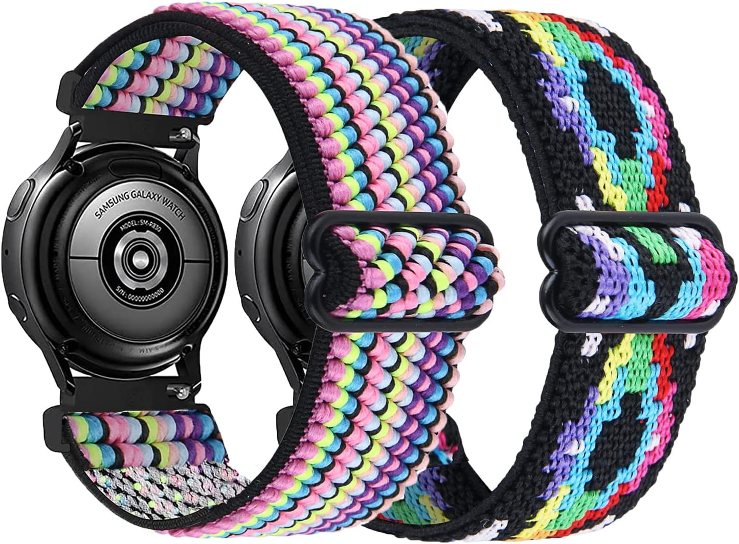 2PACK AHXLL Nylon Bands Compatible with Samsung Galaxy Watch Active 2 44Mm 40Mm/Active 40Mm/Galaxy Watch 3 41Mm/ Galaxy Watch 4 40Mm 44Mm /Galaxy Watch 5 Pro 45Mm, 20Mm Stretchy Sport Loop Breathable Wristband (Black+Army Green)  AHXLL Rainbow+Diamond  