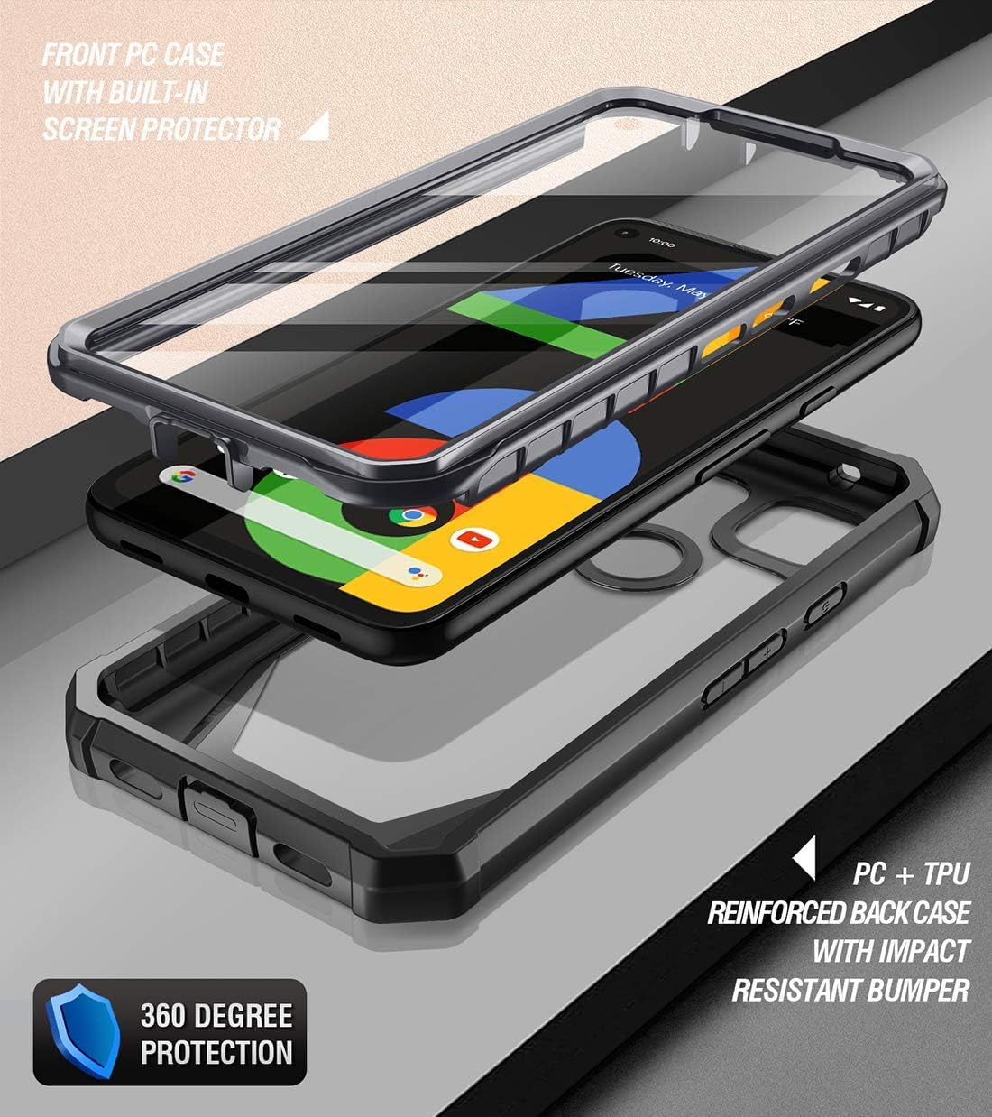 Poetic Guardian Series for Google Pixel 4A 5.8 Inch (2020) Case, Full-Body Hybrid Shockproof Bumper Cover with Built-In-Screen Protector, Black/Clear  Poetic   