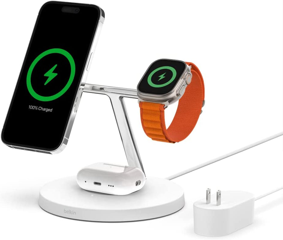 Belkin Magsafe 3-In-1 Wireless Charging Stand - 2ND GEN W/ 33% Faster Wireless Charging for Apple Watch - Iphone 14, 13 & 12 Series & Airpods - Magsafe Charging Station for Multiple Devices - Black  Belkin White 3 in 1 Stand (New) 