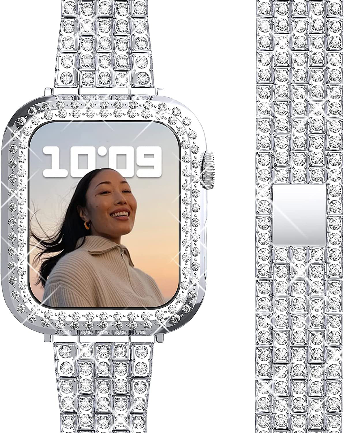 QVLANG Compatible Apple Watch Band Ultra 49Mm, Bling Series Band for Women + Diamond Rhinestone Case, Stainless Steel Metal Bracelet Strap for Iwatch Ultra (Silver, 49Mm)  QVLANG Silver 41 mm 