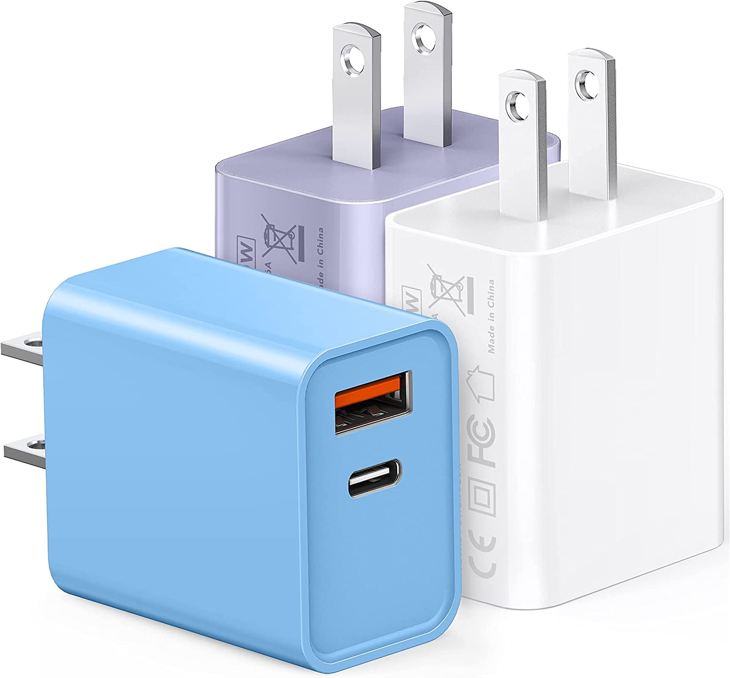 [3 Pack] USB-C Wall Charger, 20W Durable Dual Port QC+PD 3.0 Power Adapter, Double Fast Plug Charging Block for Iphone 14/14 Pro/14 Pro Max/14 Plus/13/12/11, XS/XR/X, Watch Series 8/7 Cube(White)  CSODINCE MultiColored2  