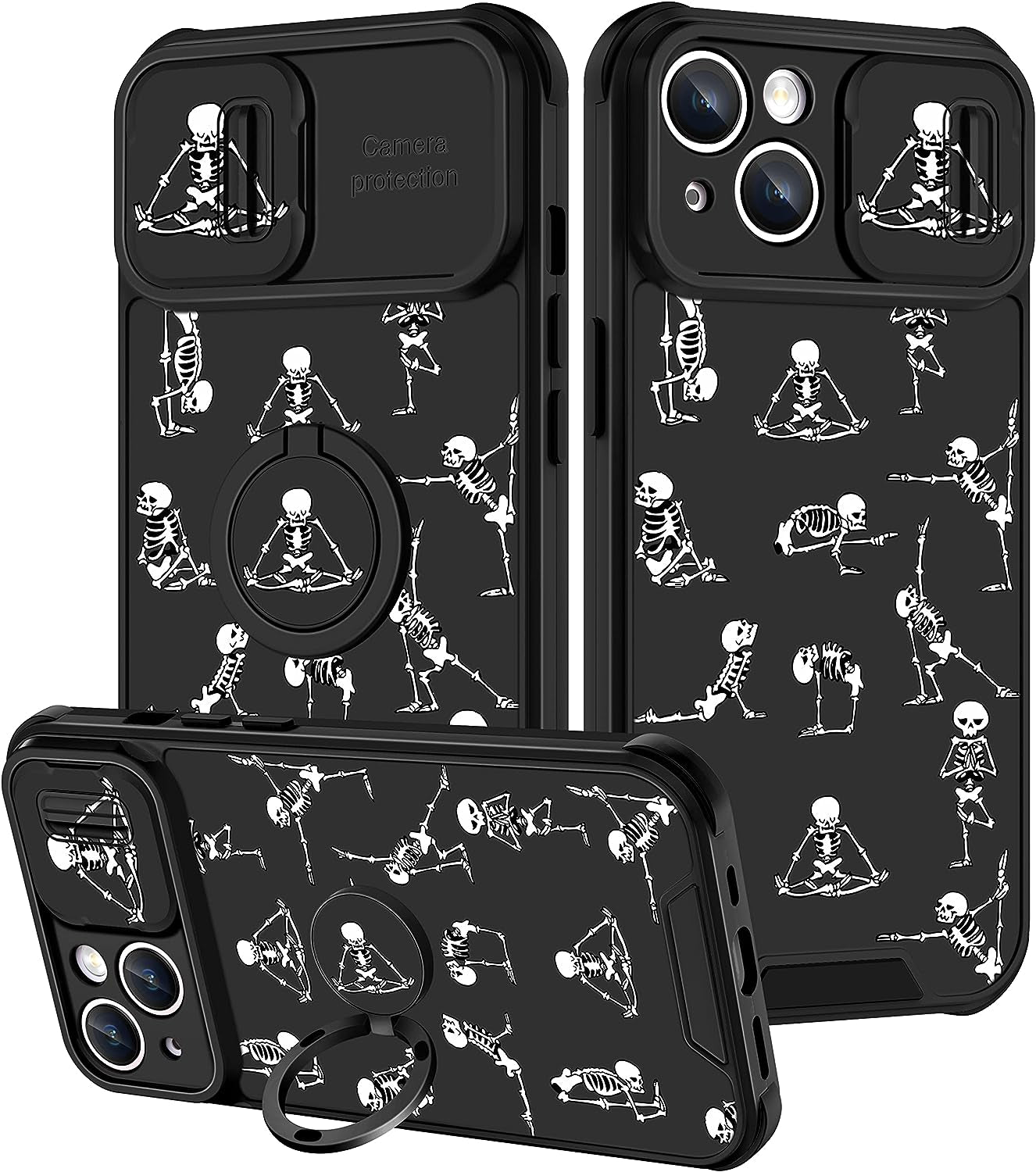 Goocrux (2In1 for Iphone 14 plus Case for Girls Women Kawaii Cartoon Girly Phone Cover Cute Unique Design with Slide Camera Cover+Ring Holder Pink Rainbow Cases for Iphone 14Plus 6.7 Inch  Goocrux Black Skeleton  