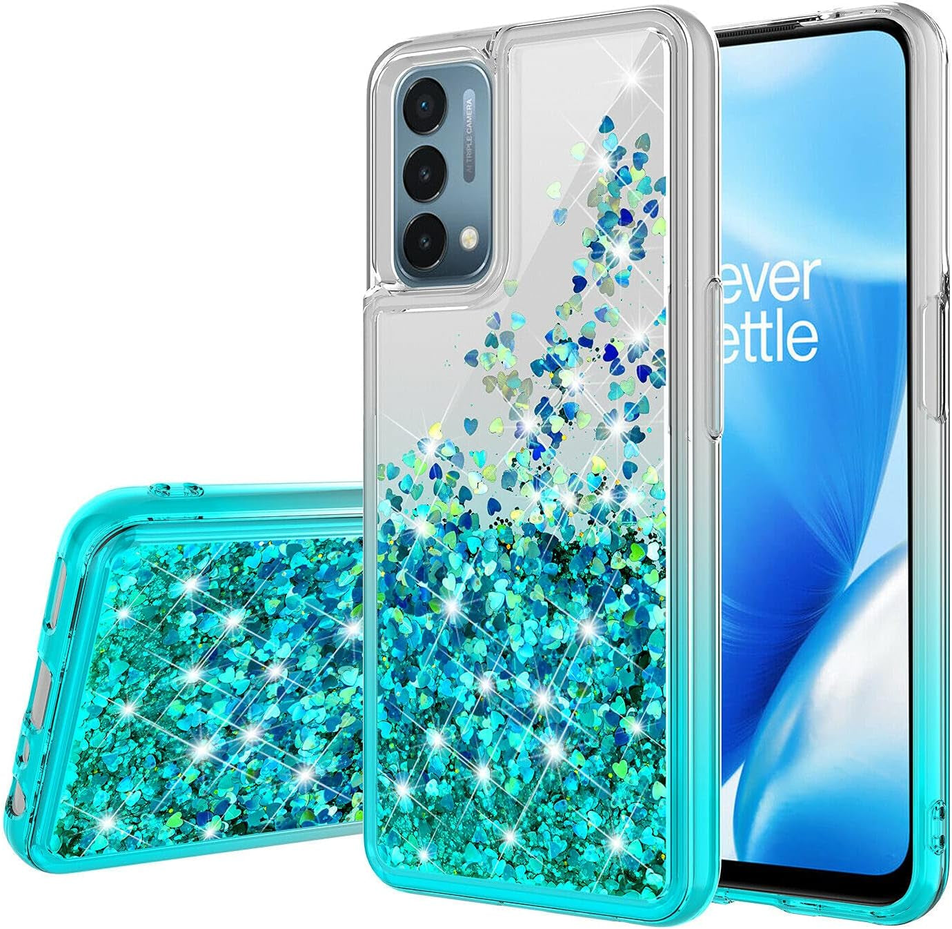 Case for Oneplus Nord N200 5G with Tempered Glass Screen Protector Sparkle Glitter Flowing Liquid Quicksand for Women Girls Cute Phone Case Cover - Aqua/Clear  Galaxy Wireless   