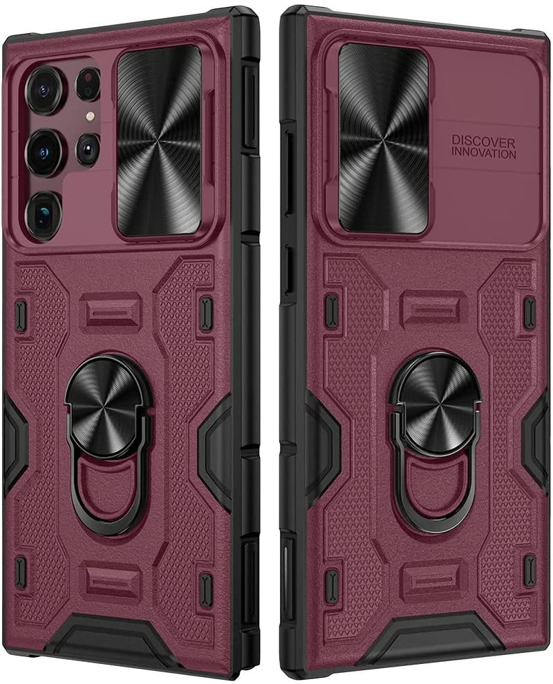 VEGO Compatible for Galaxy S22 Ultra Stand Case with Slide Camera Cover, Built-In 360° Rotate Magnetic Ring Stand Heavy Duty Protective Cover Case for Samsung Galaxy S22 Ultra 5G 6.8 Inch 2022 - Blue  VEGO Burgundy  