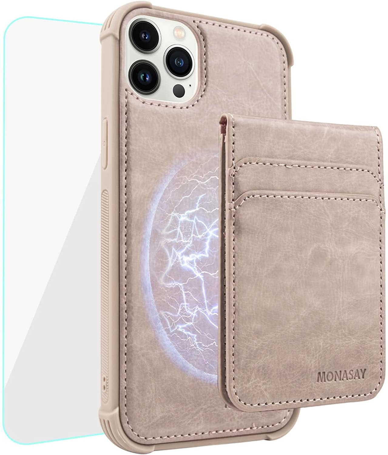 MONASAY Magwallet Case for Iphone 13 Pro Max,[Support Magsafe Wireless Charging][Glass Screen Protector] Flip Magnetic Leather Wallet Phone Cover with Detachable RFID Blocking Card Holder, Dark Green  MONASAY Pinksand  