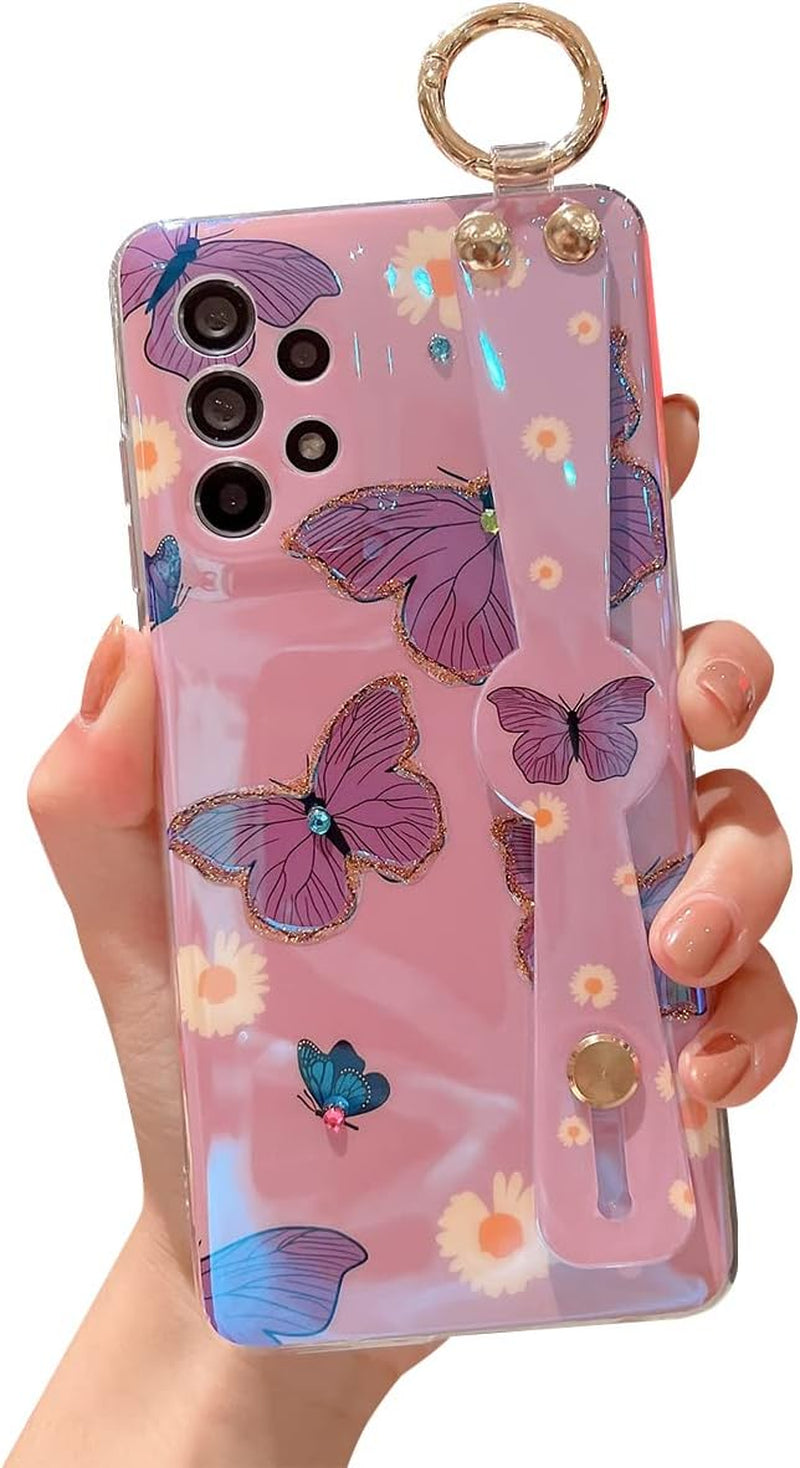 Lastma for Samsung Galaxy A53 Case 5G 6.5" Cute with Wrist Strap Kickstand Case Glitter Bling Cartoon IMD Soft TPU Shockproof Protective Phone Cases Cover for Girls and Women - Sunflower  Lastma Purple Butterfly  