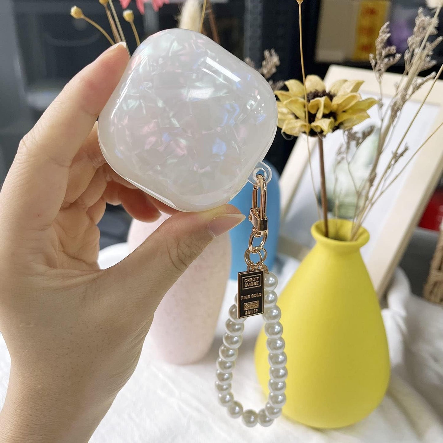 Fycyko Compatible with Samsung Galaxy Buds 2 Pro(2022)/Galaxy Buds Pro Case/Galaxy Buds 2 Case/Galaxy Buds Live Case with Pearl Keychain Cute Shockproof Protective Cover Case White  Fycyko   