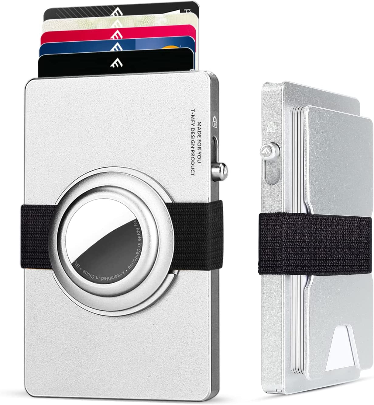 T-MFY Aluminum Card Holder with Snap-On Airtag Band&Expansion Board for Men - Slim Minimast RFID Blocking Magnetic Card Holder for 13 Credit Cards,Rose Red  T-MFY 5,silver  