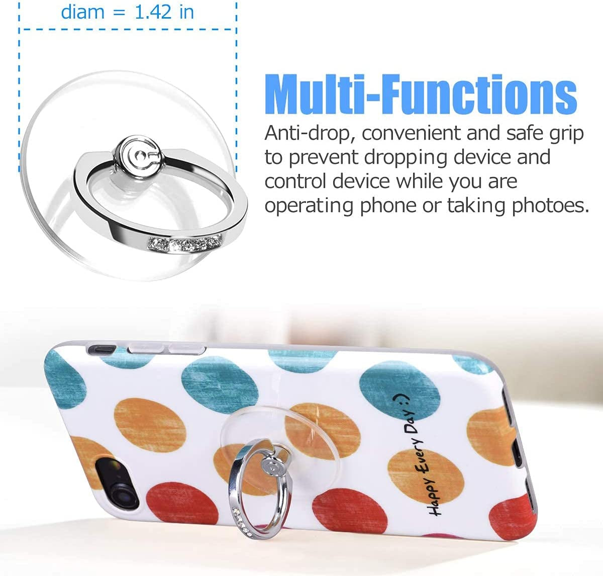 Transparent Phone Ring Holder Grip - EI Sonador Clear Cell Phone Ring Stand Holder Finger Grip Kickstand 360° Rotation, Compatible with Most of Phones, Tablets and Case (2 Silver Diamond)  EI Sonador   