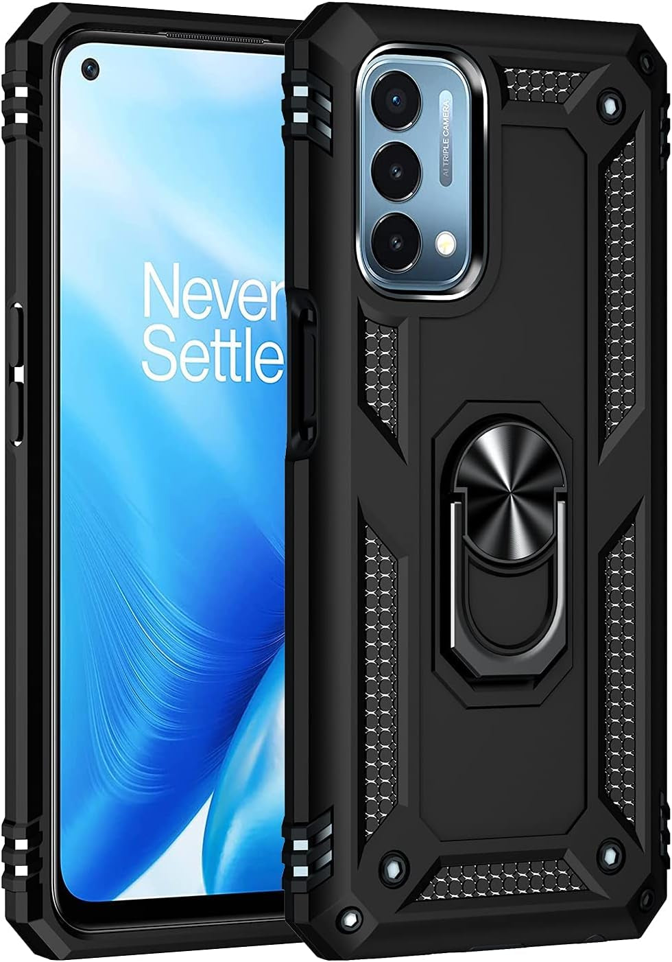 Military Grade Drop Impact for Oneplus Nord N200 5G Case Oneplus Nord N200 5G Case 360 Metal Rotating Ring Kickstand Holder Armor Heavy Duty Shockproof Case for Oneplus Nord N200 5G Phone Case (Black)  Dionsibei   
