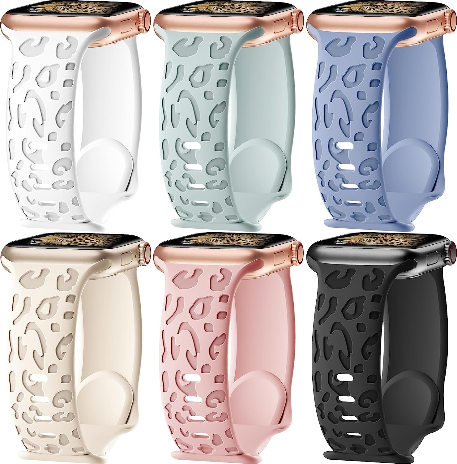 6 Pack Leopard Engraved Bands Compatible with Apple Watch Band 40Mm 44Mm 38Mm 45Mm 49Mm 42Mm Women Men,Waterproof Cheetah Sport Silicone Strap Wristbands for Iwatch SE Ultra Series 8 7 6 5 4 3 2 1  HEARTBOOM E-Black/White/Dark Pink/Succulent/Lavender/Starlight 42mm/44mm/45mm/Ultra 49mm 