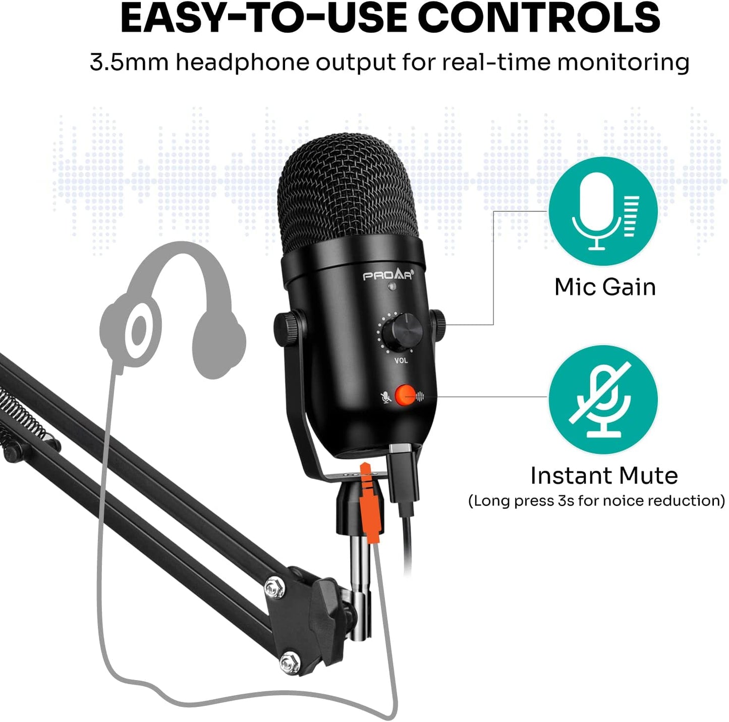 USB Microphone for PC Computer PS4 Cardioid Condenser ASMR Microphone Kit Metal Podcast Microphone for Streaming Gaming Studio Video Recording Youtube Noise Cancelling Microphone for Laptop Phone Mac  PROAR   