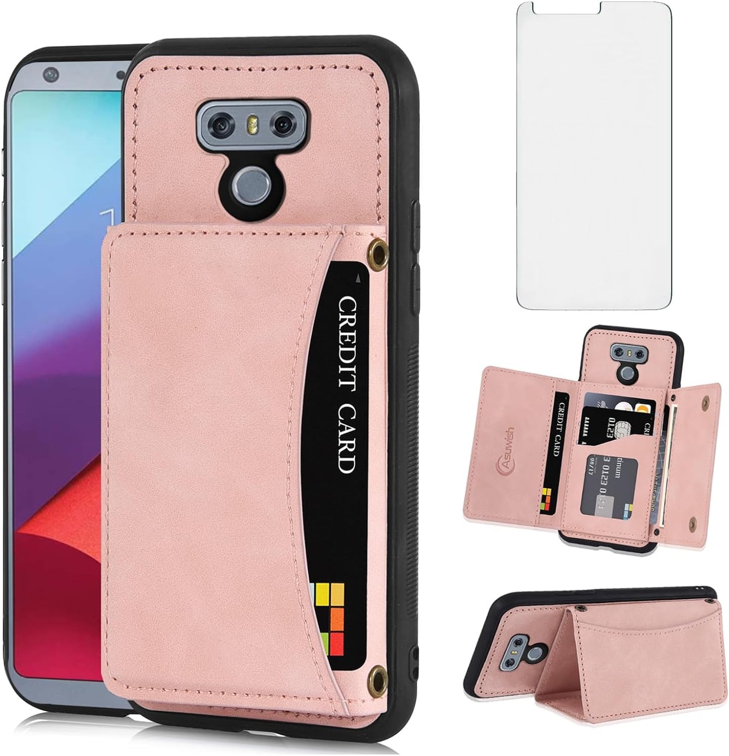 Asuwish Phone Case for LG G6 Wallet Cover with Tempered Glass Screen Protector and PU Leather Credit Card Holder Stand Cell Accessories LGG6 Thinq LG6 Thin Q G 6 plus G6+ 6G VS988 H872 Women Men Blue  Asuwish Pink For Lg G6 / G6 Plus / G6 Thinq 
