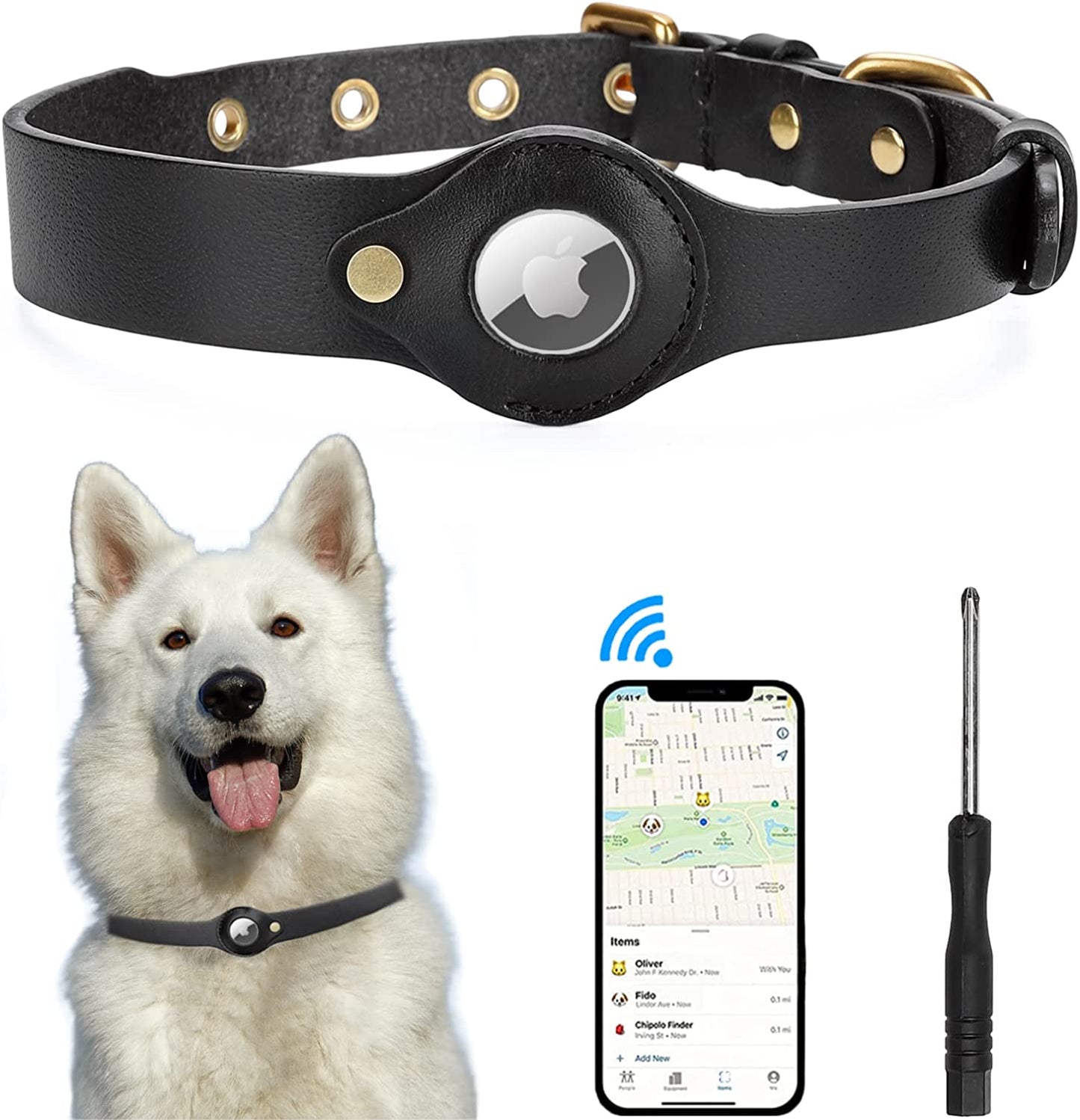 JIPIMON Leather Airtag Dog Collar, Prevents Loss Adjustable Comfortable Genuine Leather Apple Airtag Dog Collar (Small, Black)  JIPIMON   