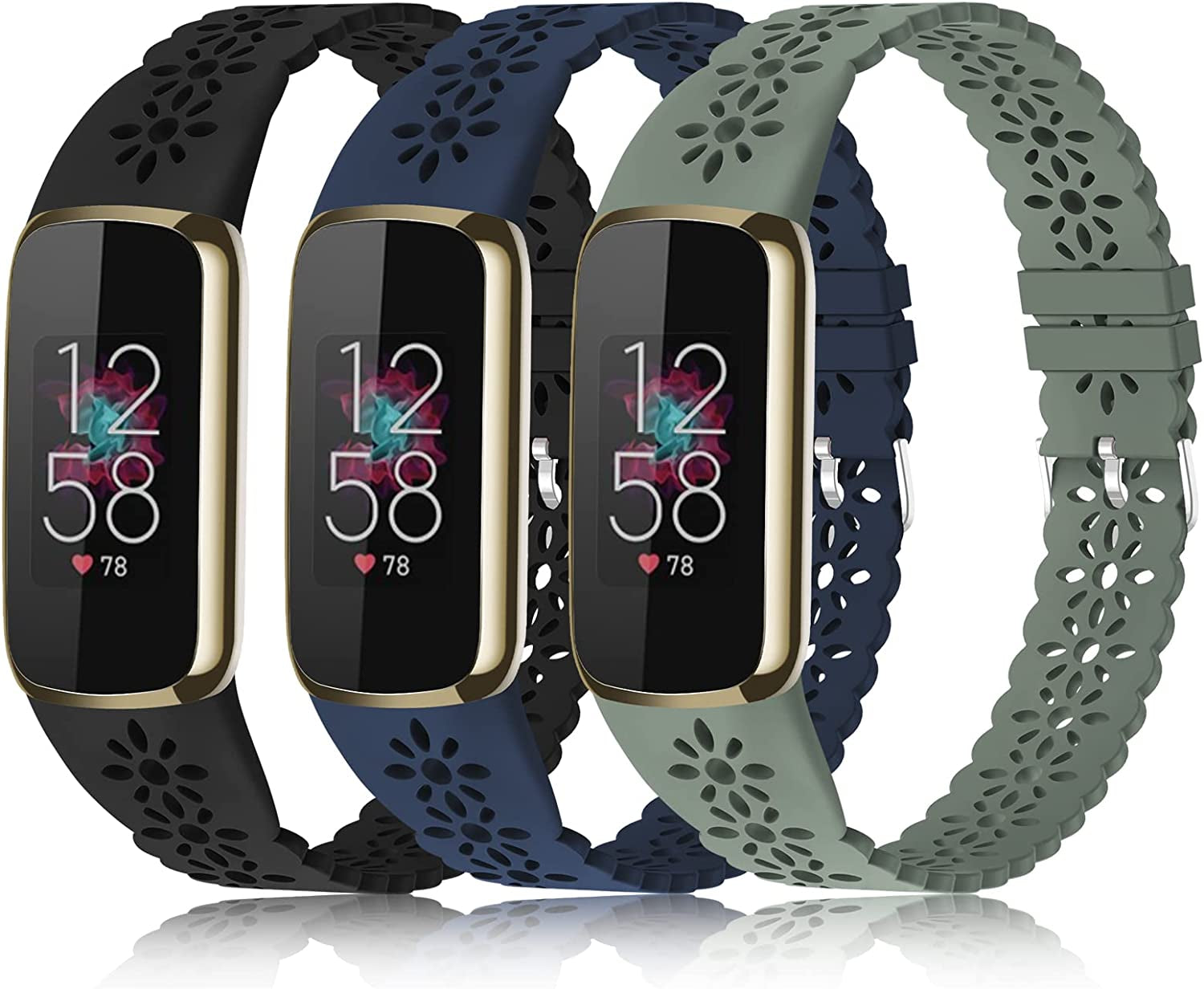 3 Pack Slim Sport Bands Compatible with Fitbit Luxe Band for Women, Soft Silicone Lace Thin Hollow-Out Replacement Wristbands Breathable Bands for Fitbit Luxe Fitness Smart Watch  Wewatri   