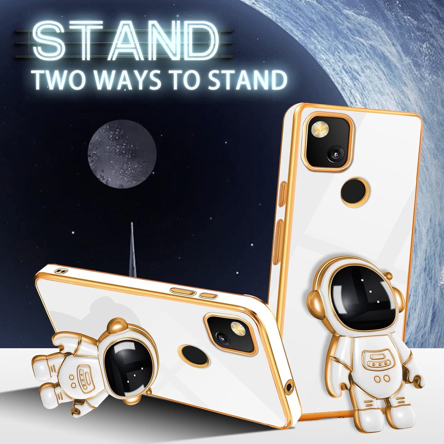 Buleens for Google Pixel 4A Case with Astronaut Stand, Women Girls Pixel 4A Cases, Girly Cute 6D Outer Space Heart Pattern Phone Cover for Google Pixel 4A(Not Fit 5G) 5.8 Inch (White)  Buleens   