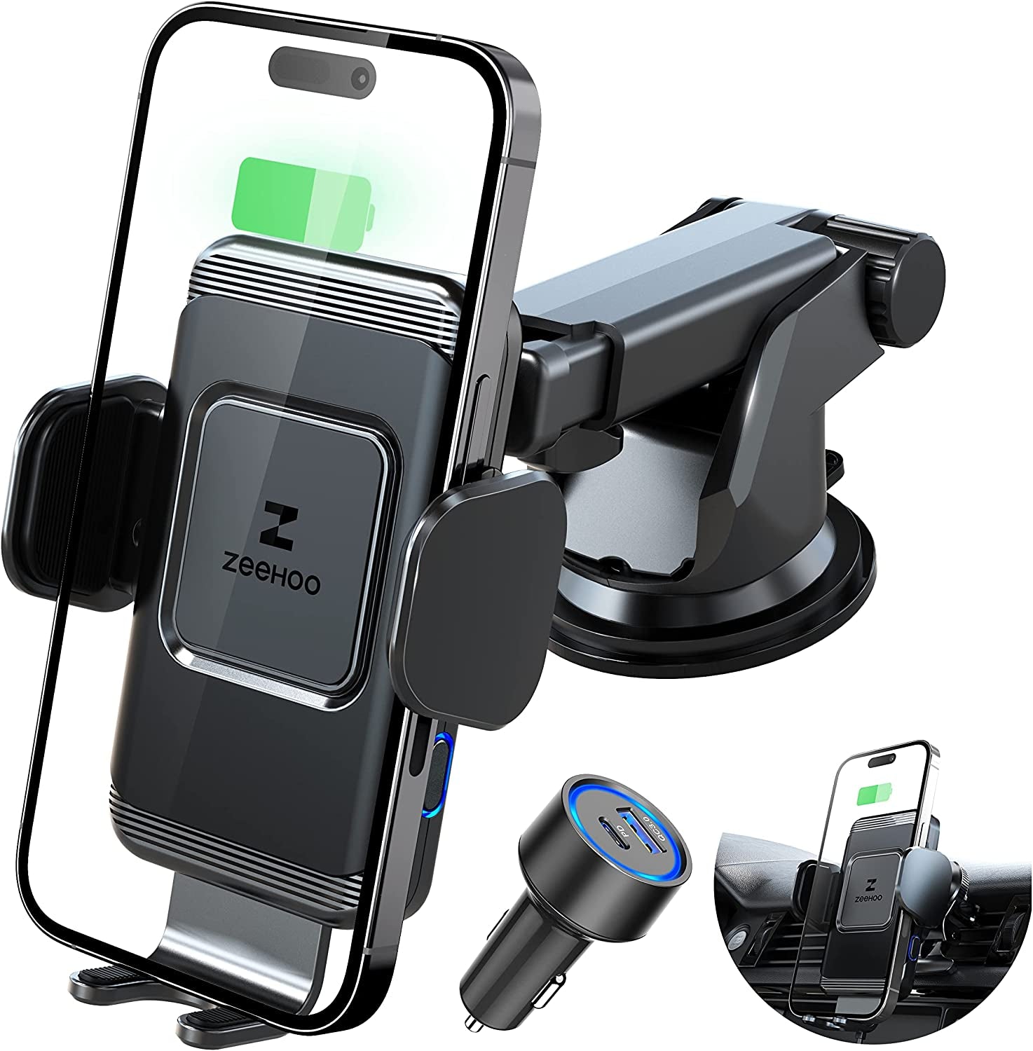 Zeehoo Wireless Car Charger,15 W Fast Charging Auto-Clamping Car Mount,Windshield Dash Air Vent Phone Holder for Iphone 14 13 12 Mini 11 Pro Max XS XR 8,Samsung S22 S21 S20 Note 20 10 9 8  ZEEHOO Black+45W Adapter  