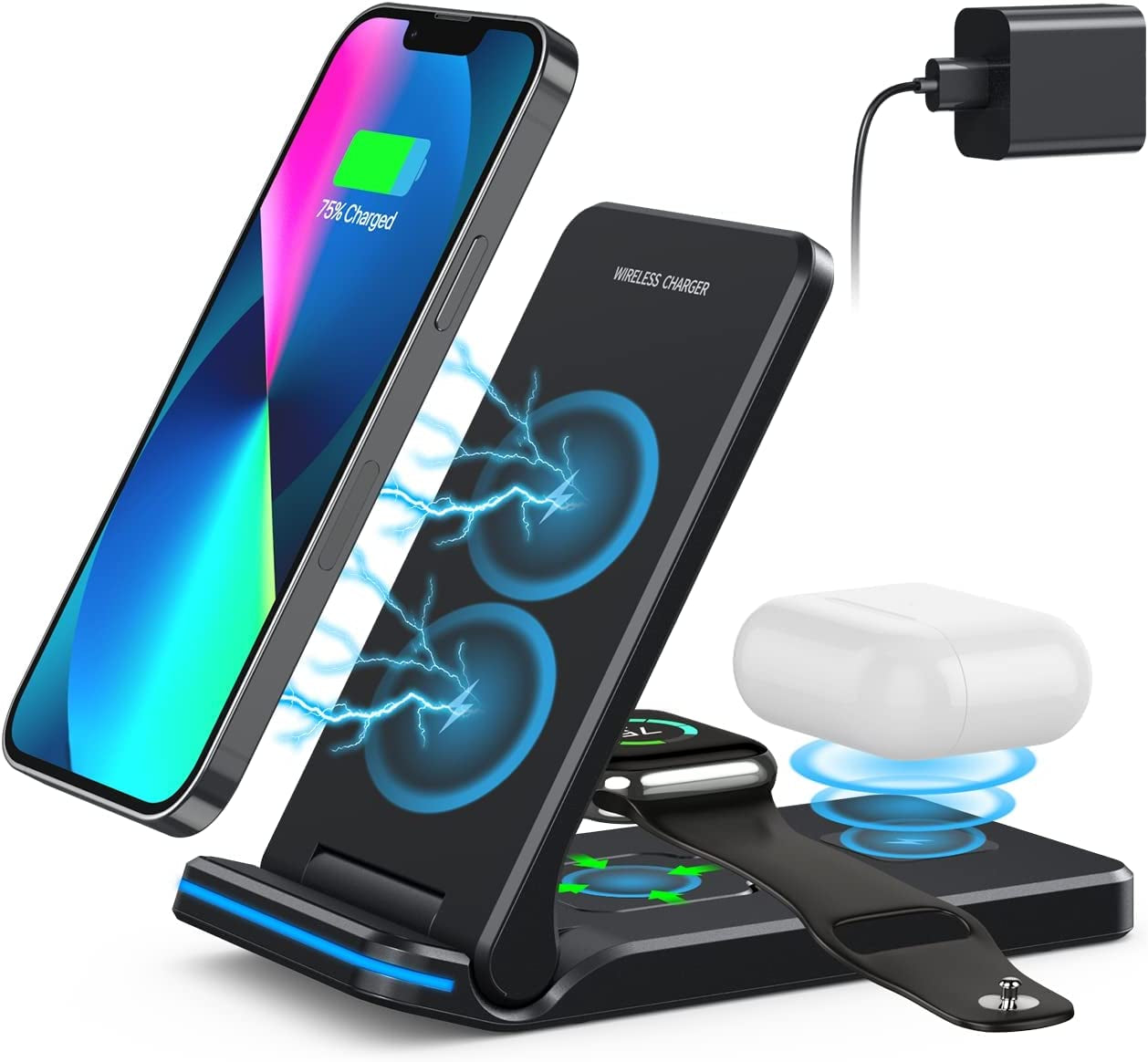 Wireless Charger, 3 in 1 Fast Charging Station, Folding Travel Wireless Charger Stand for Iphone 14,13,12,11/Pro/Max/Plus, X,XR, Xs/Max,Se, 8/Plus,Apple Watch 1-8,Airpods 3/2/Pro 18W Adapter(White)  Pendrajec black  