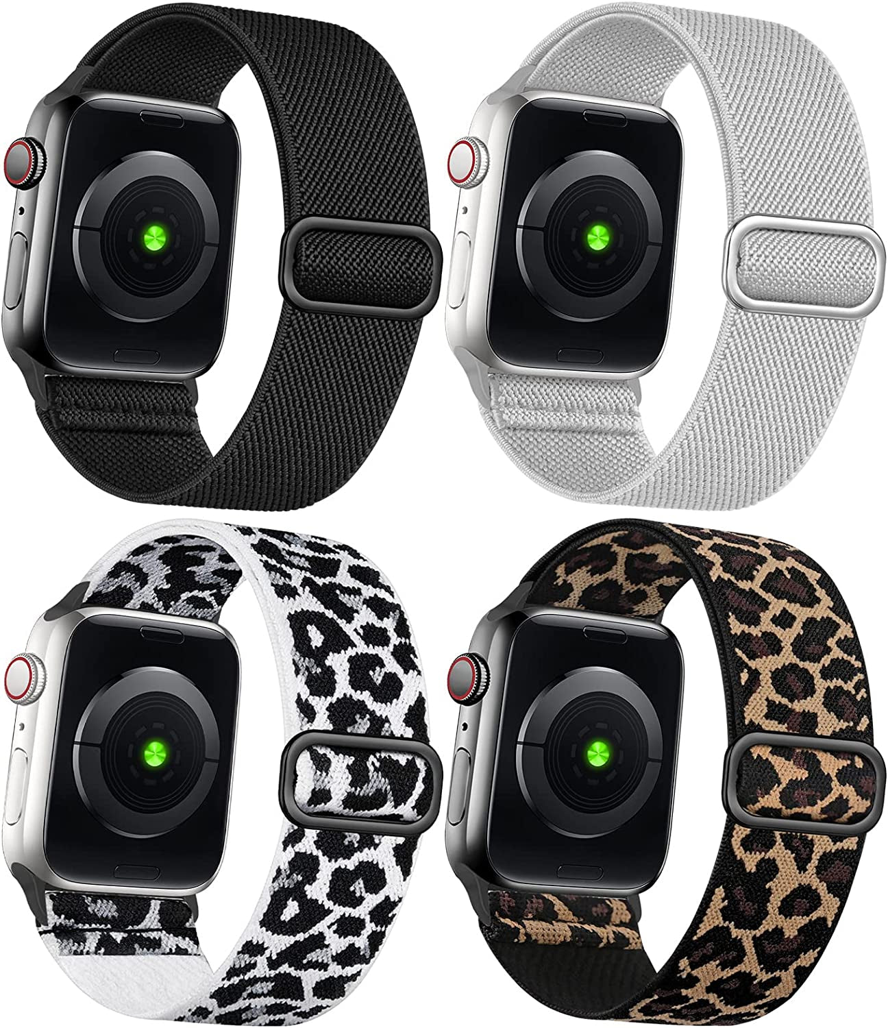 Treasuremax 4 Pack Stretchy Solo Loop Bands Compatible for Apple Watch 38Mm 40Mm 41Mm 42Mm 44Mm 45Mm 49Mm, Adjustable Nylon Elastic Braided Straps for Iwatch Serie Ultra/8/7/6/Se/5/4 3/2/1 Women Men  TreasureMax Black/Grey/White Leopard/Classic Leopard 38MM/40MM/41MM 