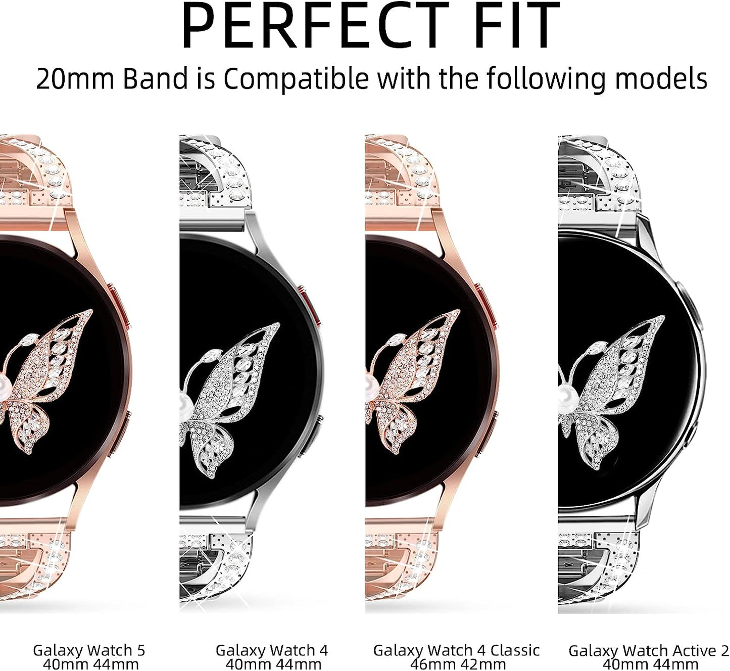 20Mm Bling Band Compatible for Samsung Galaxy Watch 4 40Mm 44Mm, Watch 5 40Mm 44Mm, Galaxy Watch 4 Classic 42Mm 46Mm, Active 2 40Mm 44Mm, Watch 42Mm, Watch 5 Pro, Watch 3 41Mm Rhinestone Band OULRAEFS Adjustable Women Bracelet Wristband Strap  OULRAEFS   