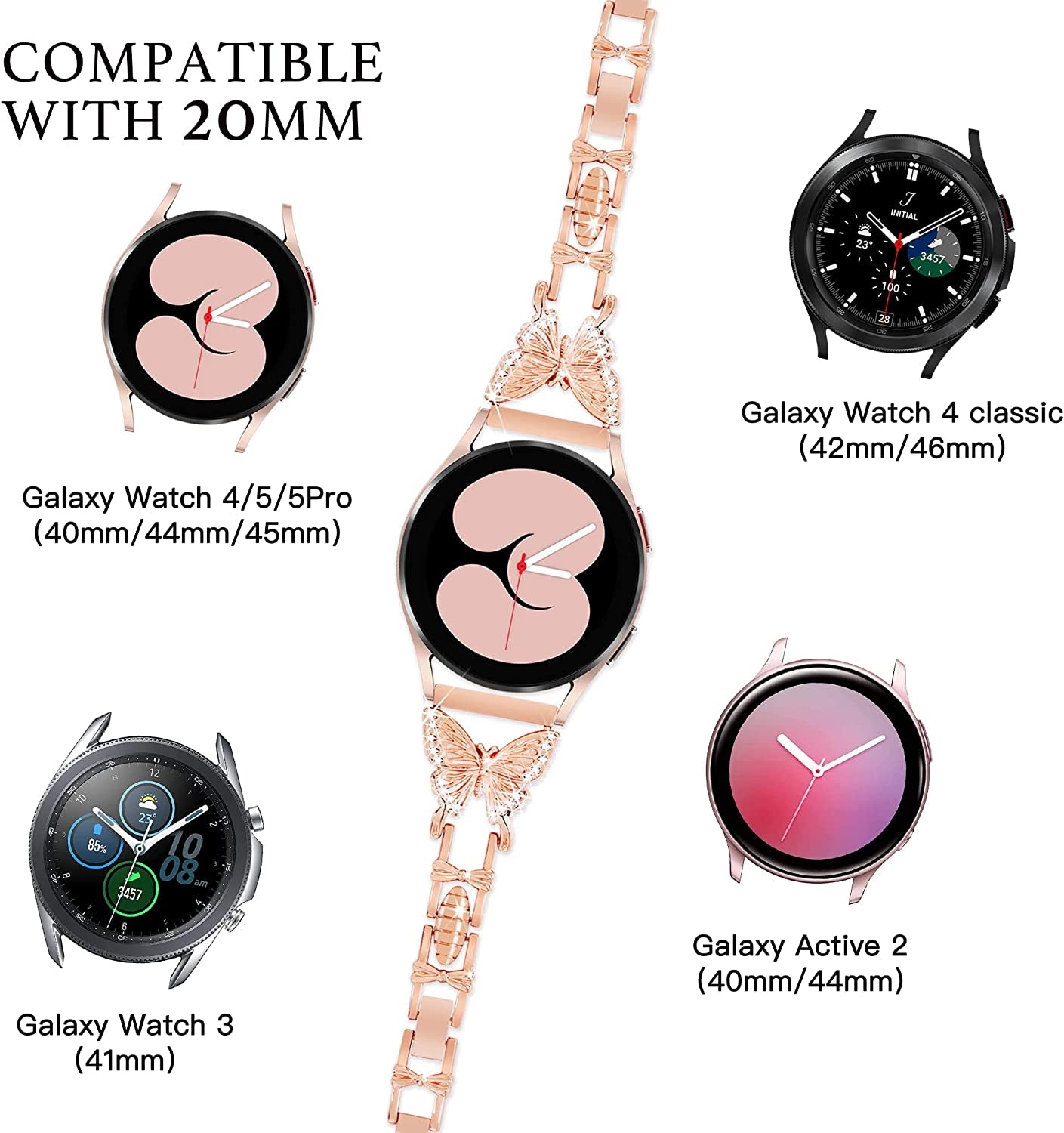 G-Ficu Galaxy Watch 4 Band 20Mm Butterfly Band for Samsung Galaxy Watch 5 & 4 Band 40Mm 44Mm, Women Bling Diamond Slim Band, Cute Luxury Metal Band for Watch 5 Pro/Watch 4 Classic 42Mm 46Mm/Watch 3 41Mm/Active 2(Rose Gold)  Green ficus   