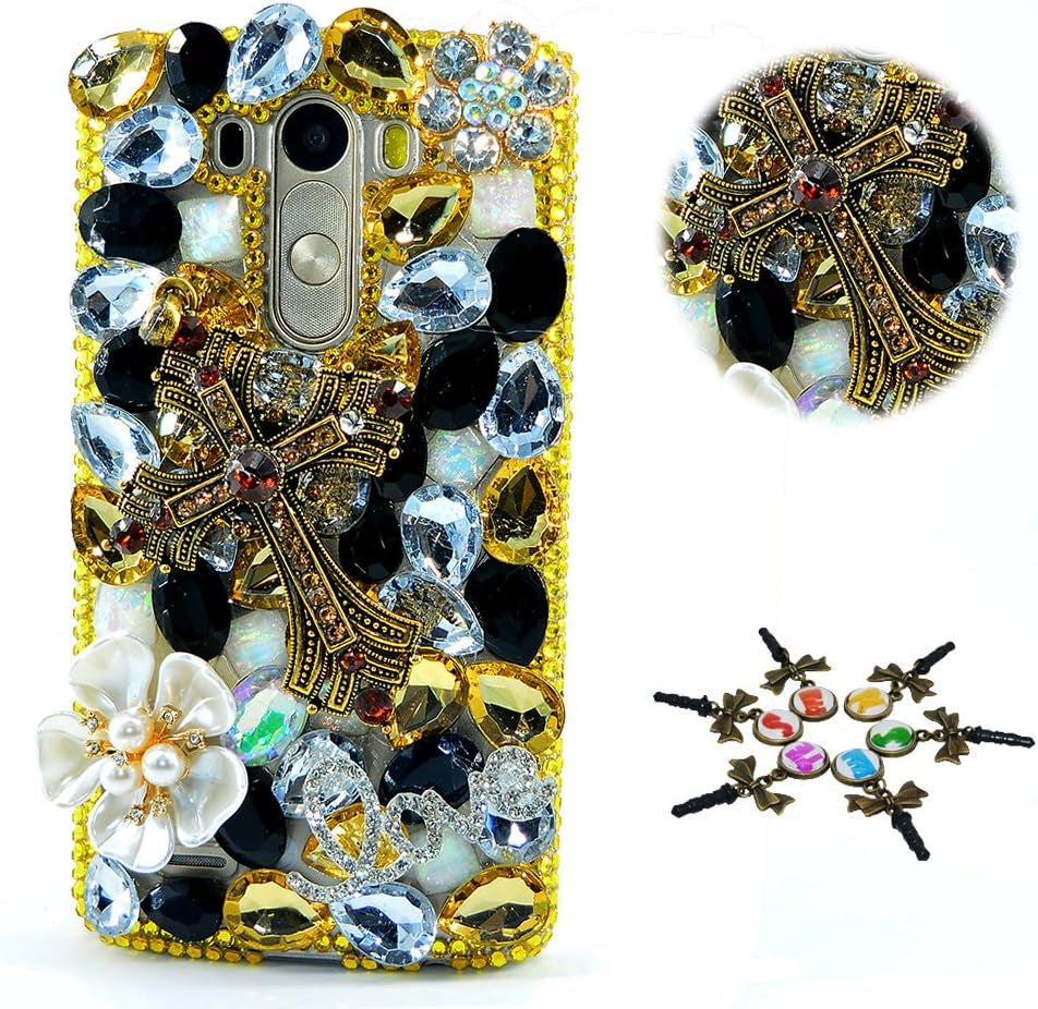 STENES LG G7 Thinq Case - STYLISH - 100+ Bling - 3D Handmade Cross Flowers Design Protective Case for LG G7/LG G7 Thinq - Gold&White  STENES   
