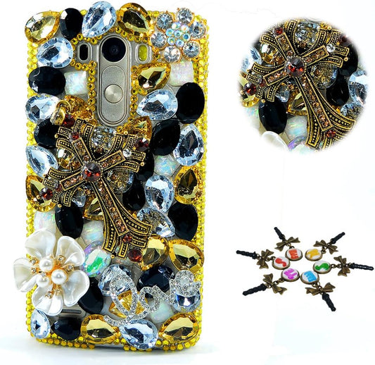 STENES LG G7 Thinq Case - STYLISH - 100+ Bling - 3D Handmade Cross Flowers Design Protective Case for LG G7/LG G7 Thinq - Gold&White  STENES   