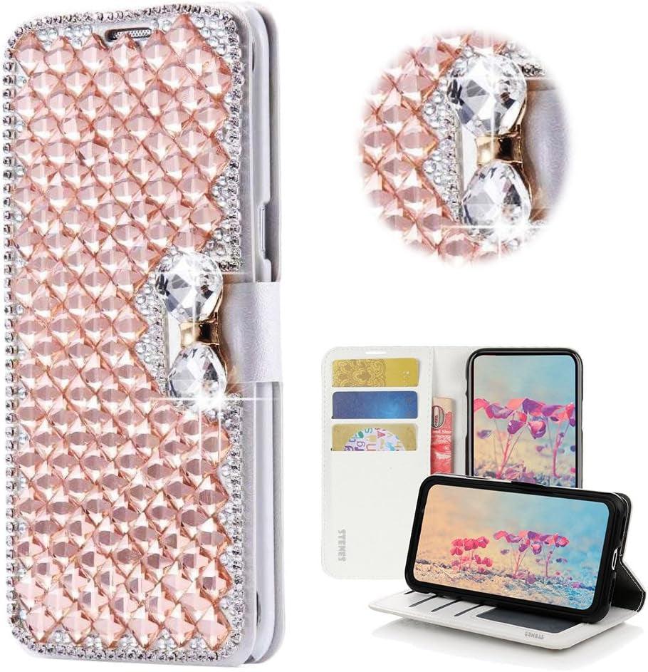 STENES LG G6 Case, LG G6 plus Case - STYLISH - 3D Handmade Bling Crystal Square Lattice Bowknot Wallet Credit Card Slots Fold Stand Leather Cover Case for LG G6/LG G6 plus - White  STENES Square Lattice Bowknot / Champagne  