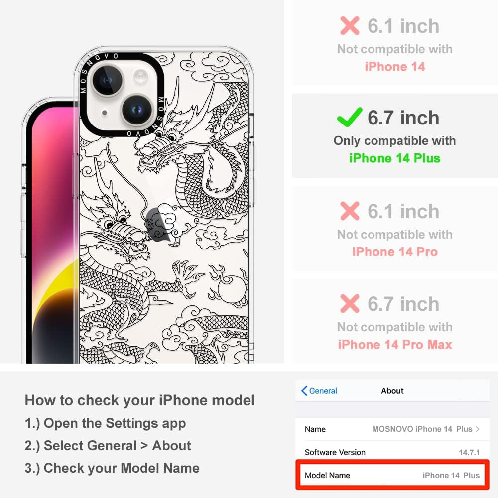 MOSNOVO Compatible with Iphone 14 plus Case, [Buffertech 6.6 Ft Drop Impact] [Anti Peel off Tech] Clear TPU Shockproof Bumper Phone Case Cover with Black Dragon Designed for Iphone 14 plus 6.7"  MOSNOVO   