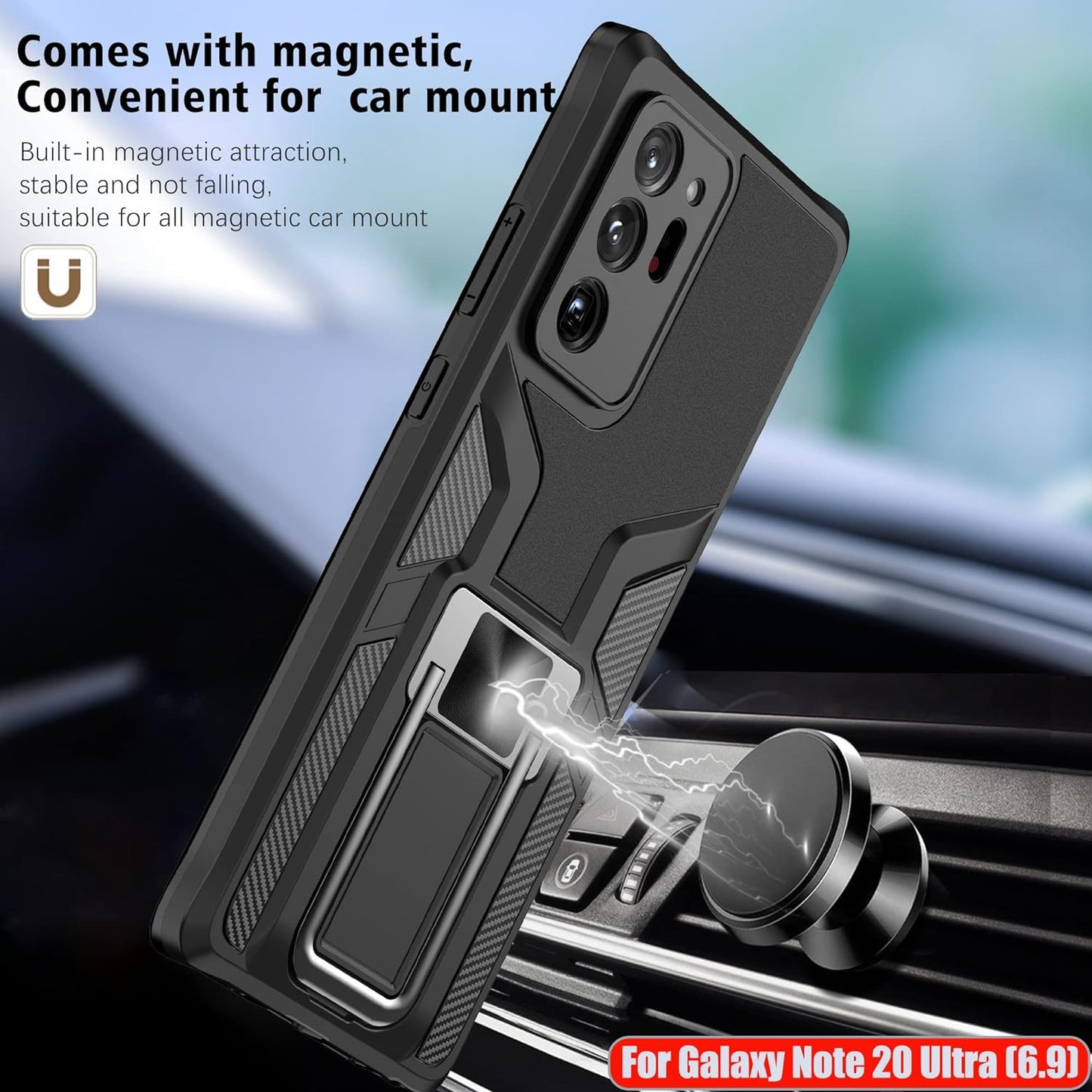 LMDAMZ Compatible Samsung Galaxy Note 20 Ultra Heavy Duty Military Grade Shockproof Kickstand Case Double Protection (TPU+PC) Solid and Durable Magnetic Car Phone Case, Suitable for 6.9 Inches (Black)  LMDAMZ   