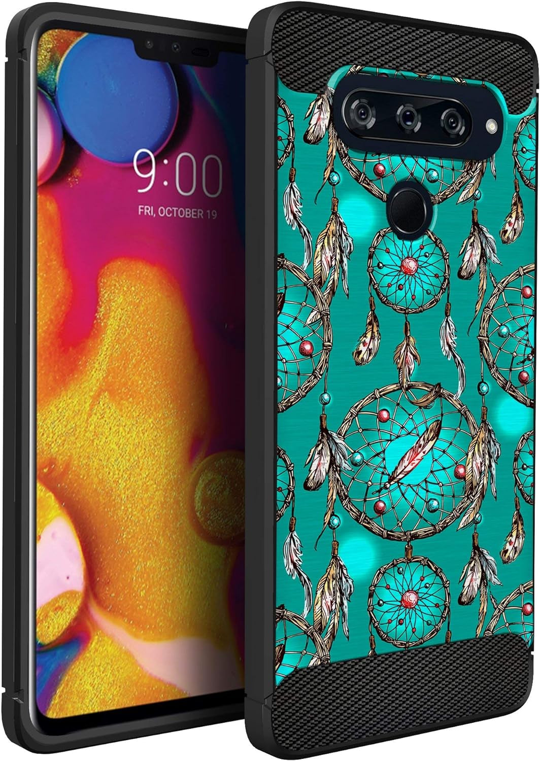 Casesondeck Case Compatible with [LG V40 Thinq] Tribal Floral Matte TPU Flexible Carbon Fiber Textured (Dreamcatcher)  CasesonDeck Teal Dreamcatcher  