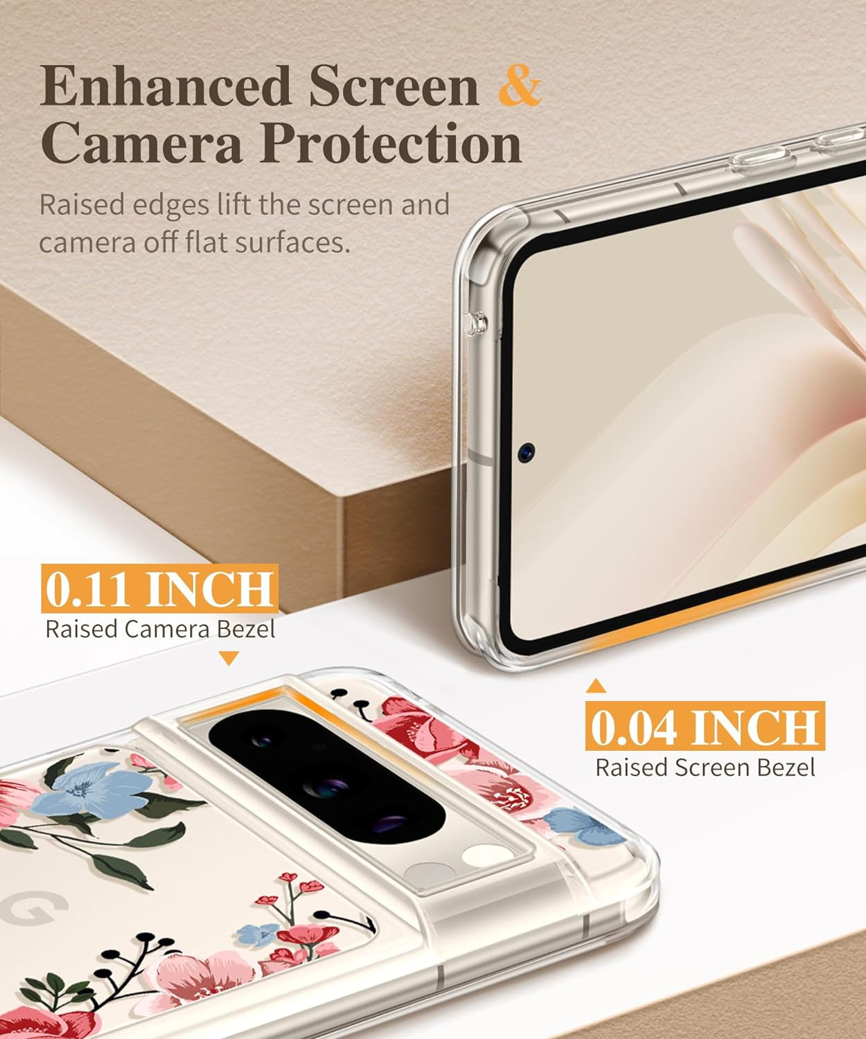 GVIEWIN Compatible with Google Pixel 8 Pro Case, with 2X Screen Protectors, [Not Yellowing + Military Grade Drop Tested] Clear Floral Slim Shockproof Protective Women Phone Case(Catharanthus/Pink)  GVIEWIN   