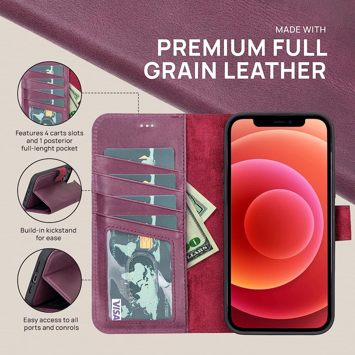 OXA Leather 2-In-1 Wallet Case Compatible with Iphone 14 Pro Max | Magnetic Detachable | Shockproof | RFID Blocking | Flip Case with Kickstand | Compatible with Magsafe | - Purple  OXA   