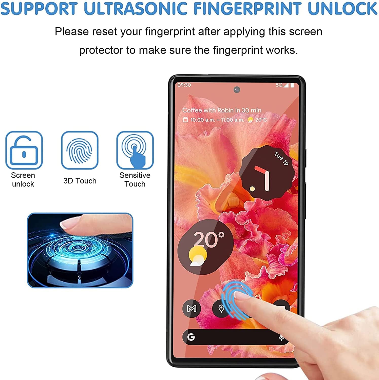 [3+3 Pack] Glass Screen Protector for Google Pixel 6 5G, 9H Tempered Glass, Ultrasonic Fingerprint Compatible,Hd Clear Case Friendly for Google Pixel 6 Glass Screen Protector  letosan   