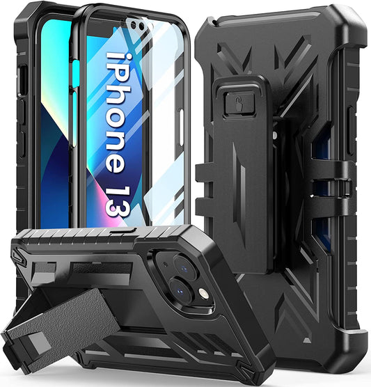 For Iphone 13-14 Case Protective Cover: Heavy Duty Military Grade Hard Protection with Belt Clip | Shock Proof Grip Durable Design Iphone 13 Cell Phone Case with Built-In Kickstand (Belt-Clip Black)  DAMAI Black Belt-clip  