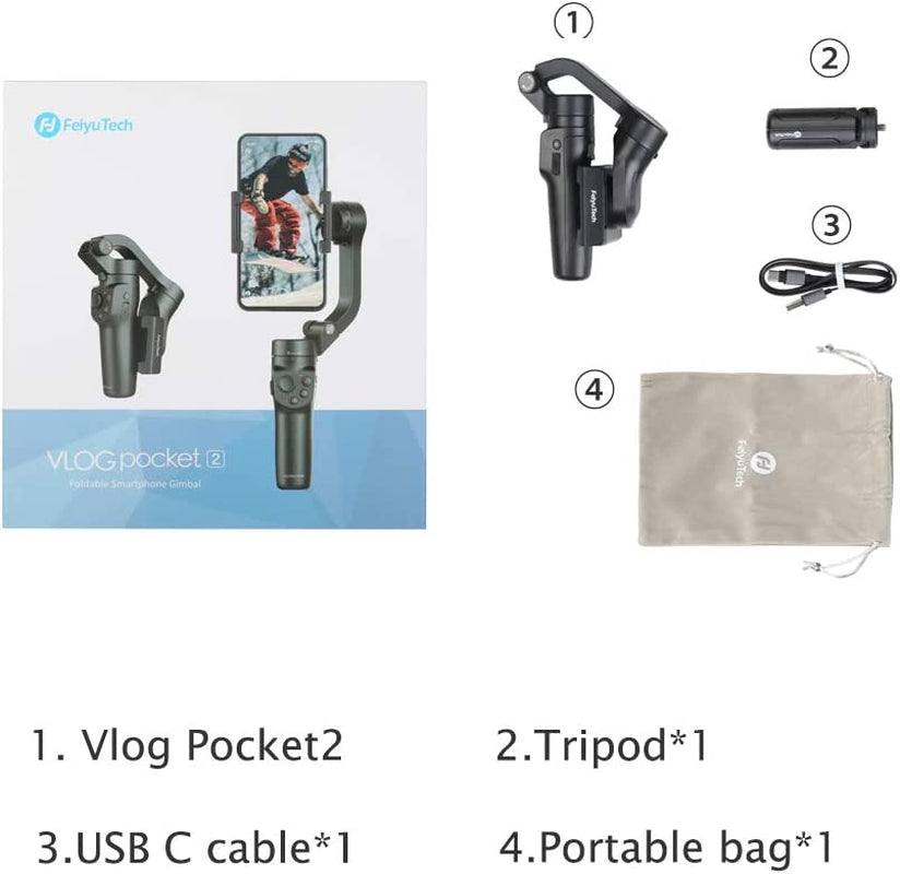 Feiyutech Vlog Pocket 2 Gimbal Stabilizer for Smartphone 3-Axis Foldable for Iphone 12/Mini XR XS Samsung HUAIWEI Xiaomi,Android/Iosapp Vlog Youtube Tiktok,Zoomcontrol,With Tripod,Max 0.55Lb  JZJ Tech   
