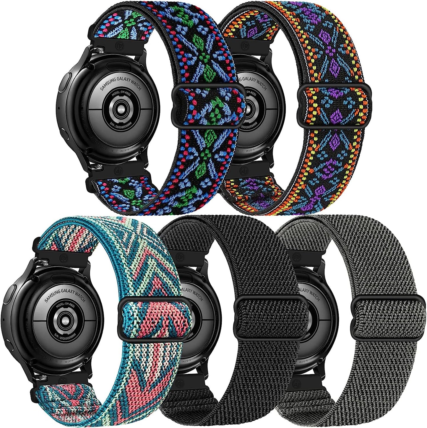 5 Pack Stretchy Nylon Watch Bands Compatible with Samsung Galaxy Watch Active 2 Bands 40Mm 44Mm/ Galaxy Watch 4 Band/Watch 4 Classic Band 42Mm 46Mm, 20Mm Watch Band for Galaxy Watch 3 Band  GrTrees Black/Grey/Aztec P/Aztec G/GreenArrow  